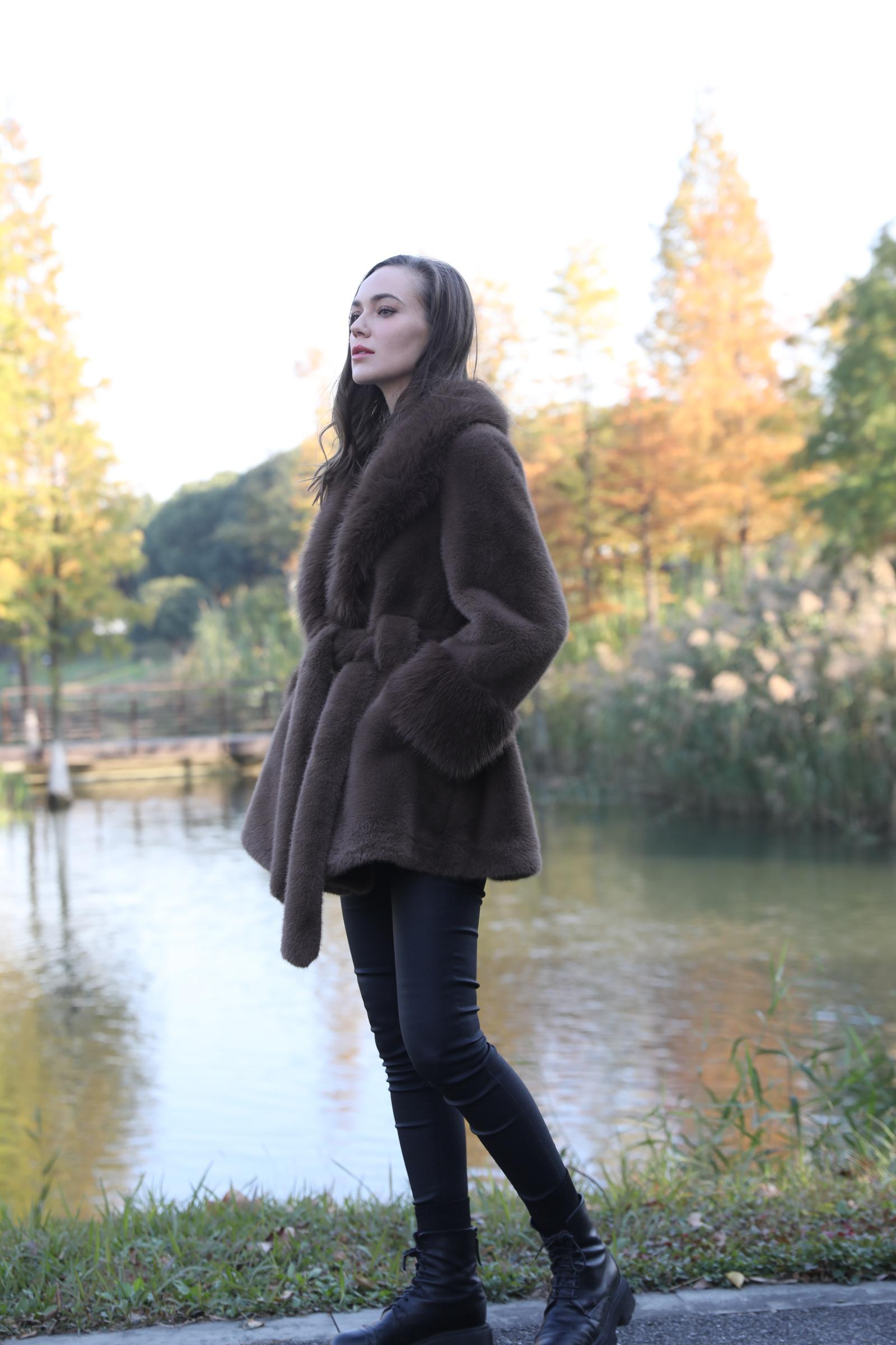 Women's New Brown Stylish Lapel Faux Fur Mink Coat - Janefur