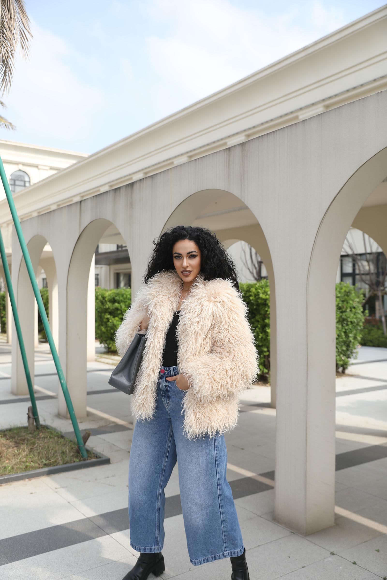 Faux Mongolian Lamb Wool Coat Eco Friendly Mongolian Lamb Wool Women's Elegant Notched Collar Short Coat Jacket - Janefur