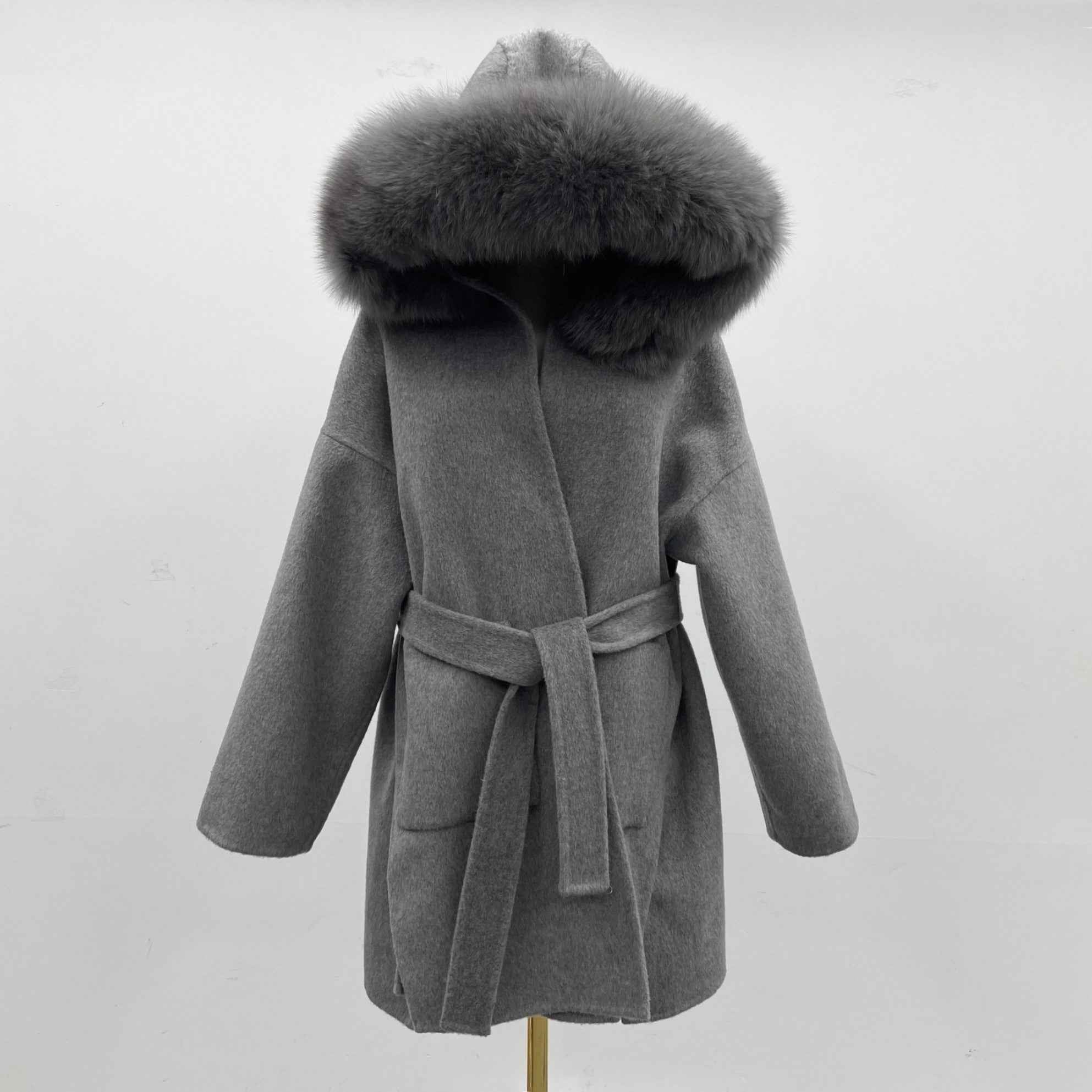 Double-sided Cashmere Mid-length Hooded Large Fur Collar Coat Women's Winter Coat - Janefur