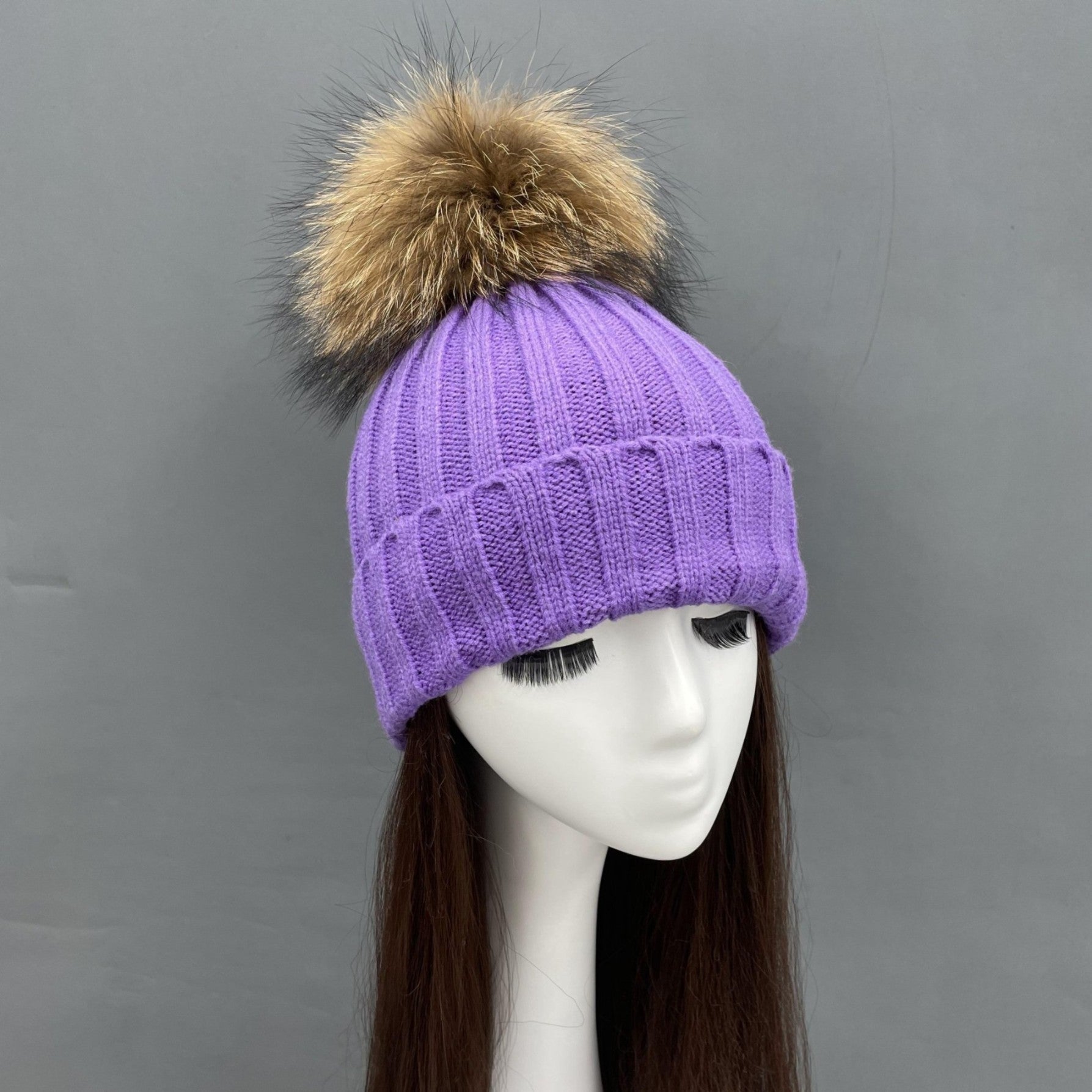 New Fall And Winter Striped With Fur Pom Pom Acrylic Hat - Janefur