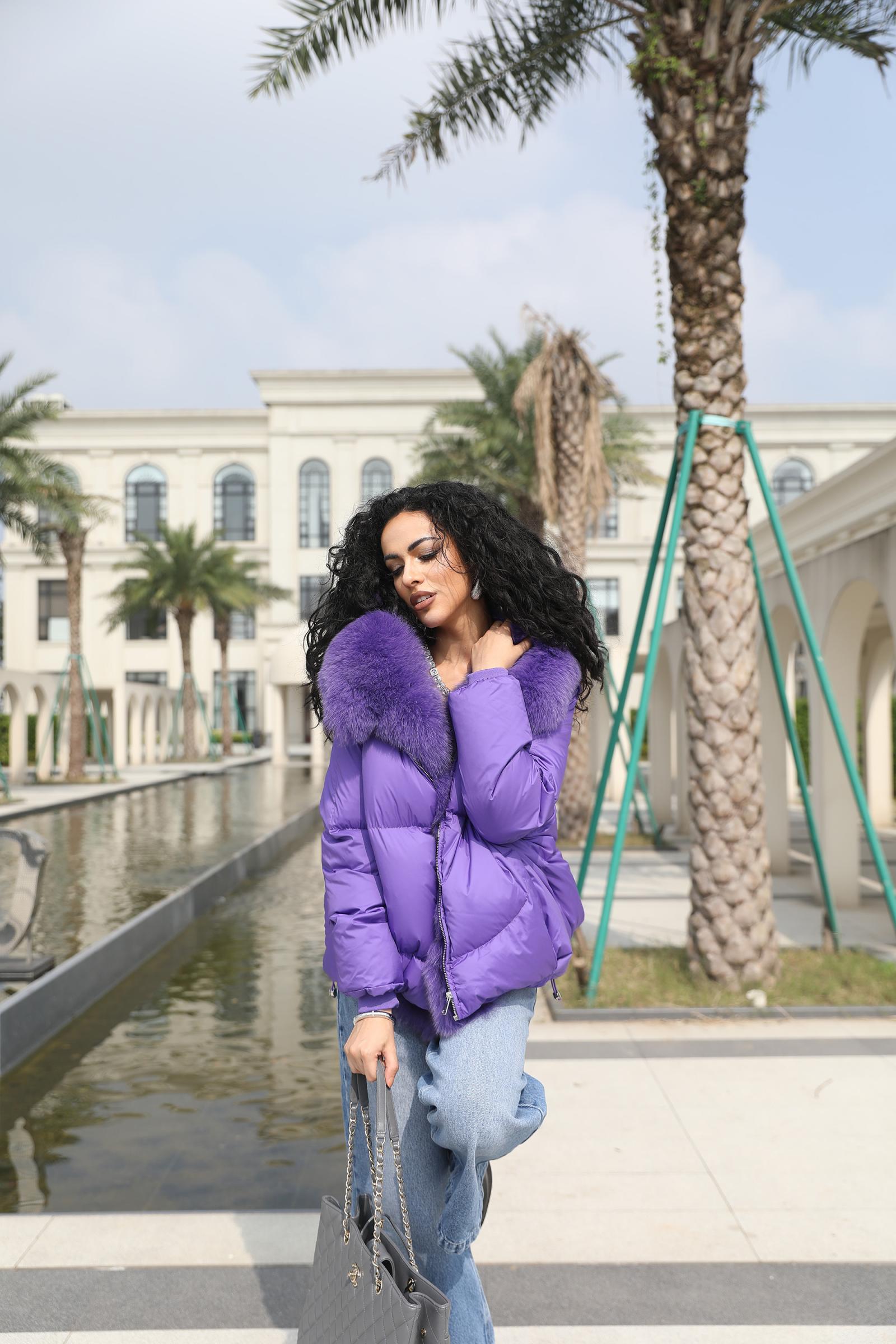 Goose Down-Lined Women's Segmented Fox Fur Placket Hooded Down Jacket - Janefur