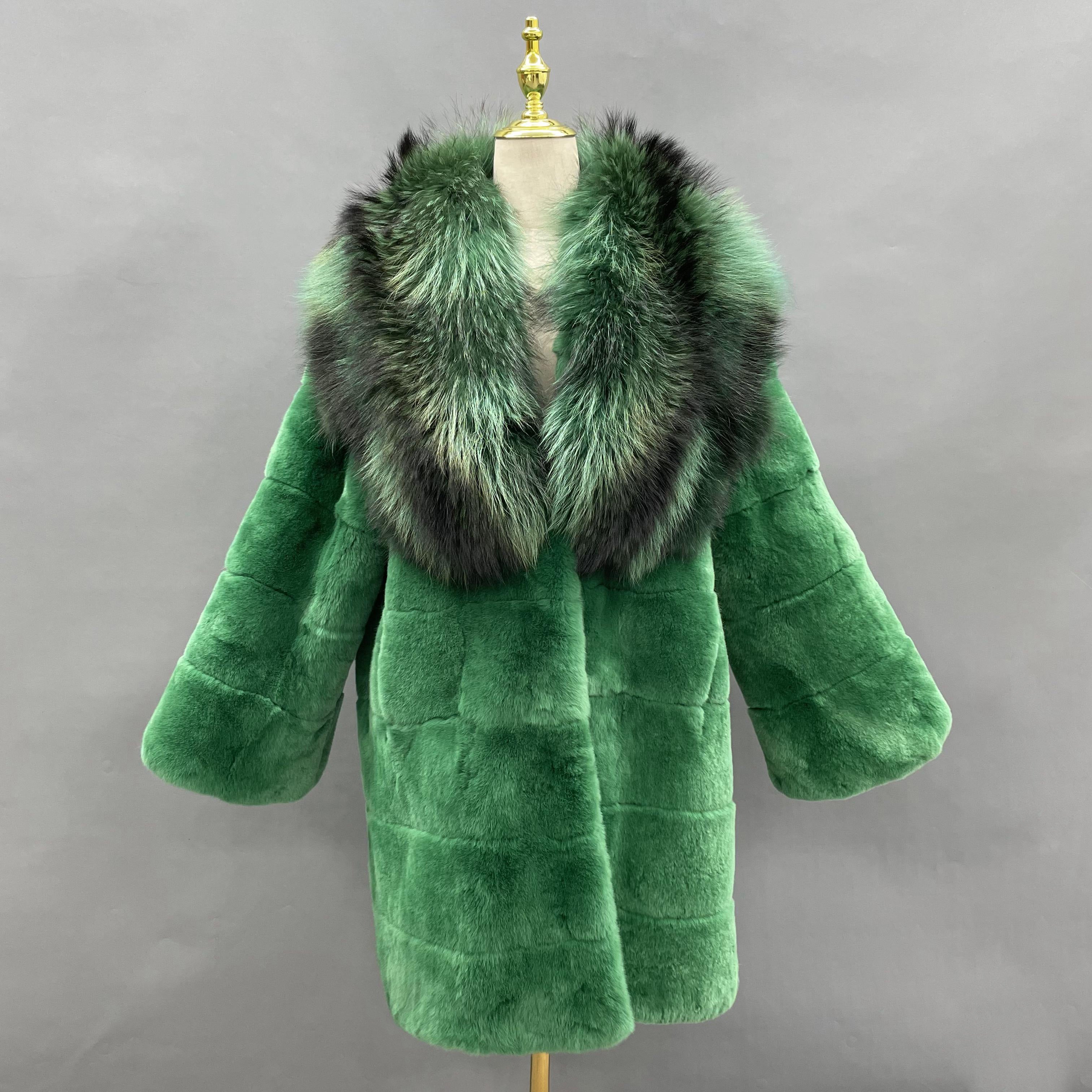 Winter Womens Rabbit Fur Coat Raccoon Fur Collar Real Fur Jacket - Janefur