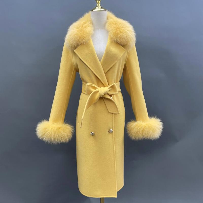 Women's Long Cashmere Coat With Fox Fur Collar And Belt - Janefur