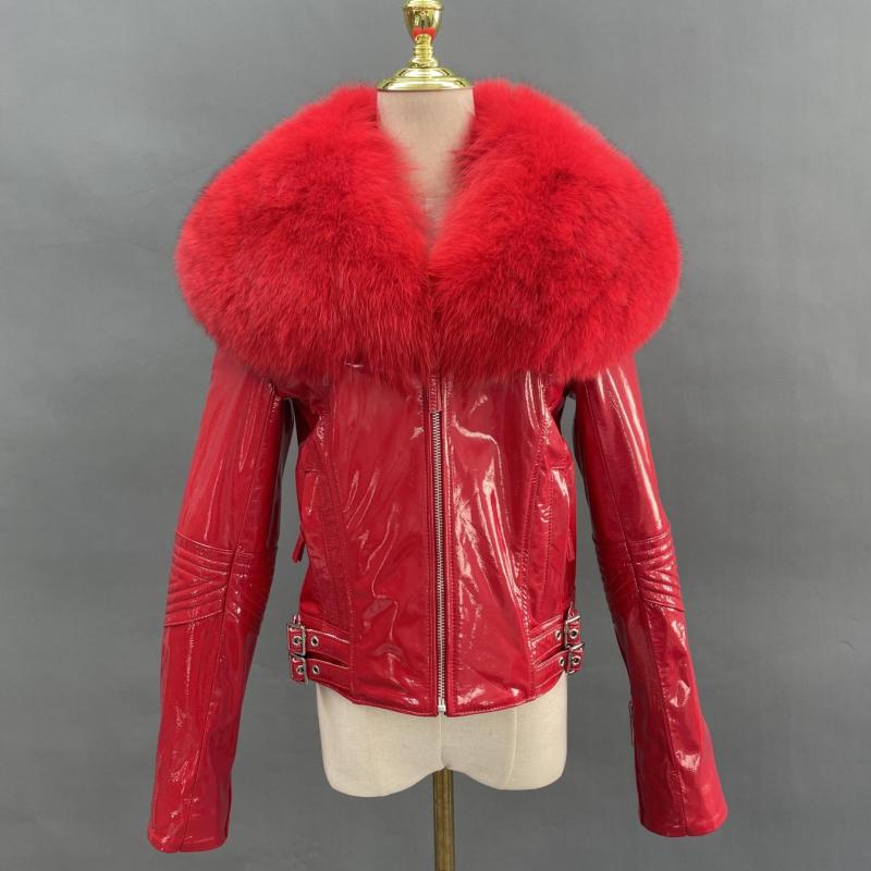 Women's Short Fox Fur Collar Bright Leather Coat - Janefur
