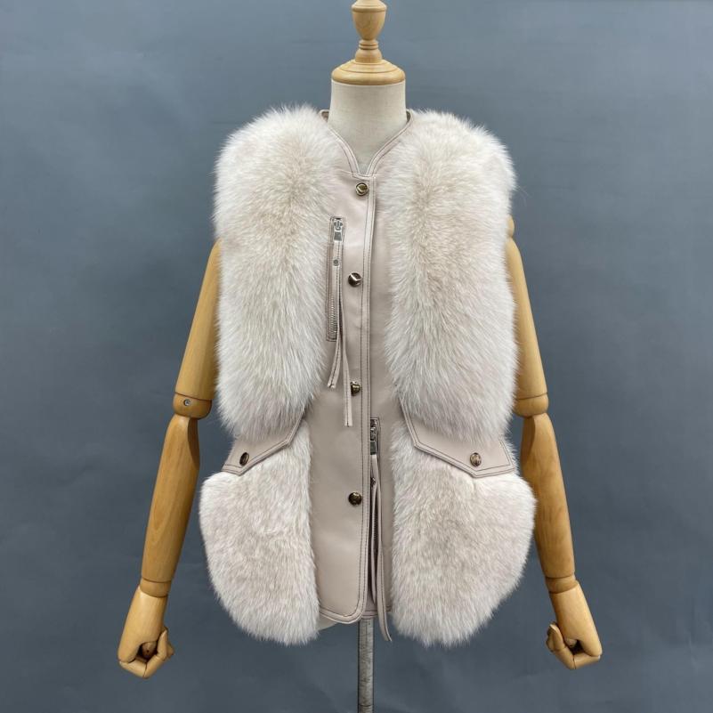 Zipper Decorated Leather Front Fox Fur Vest - Janefur