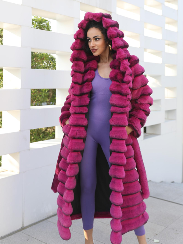Eco Friendly Faux Fur Jacket with Hood Women's Fashionable Long Coat with Chinchilla Pattern - Janefur