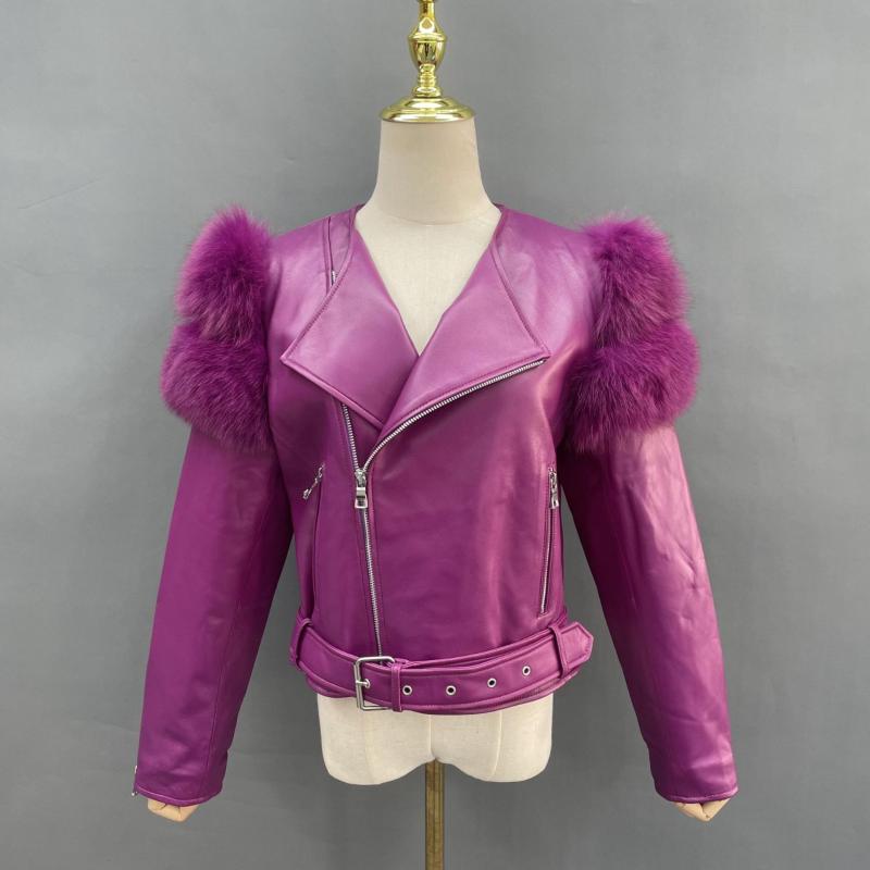 Fox Fur on Shoulders Leather Jacket - Janefur
