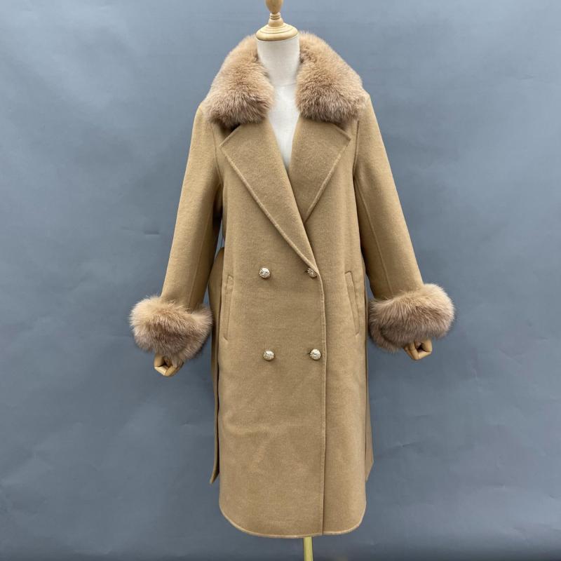 Women's Long Cashmere Coat With Fox Fur Collar And Belt - Janefur