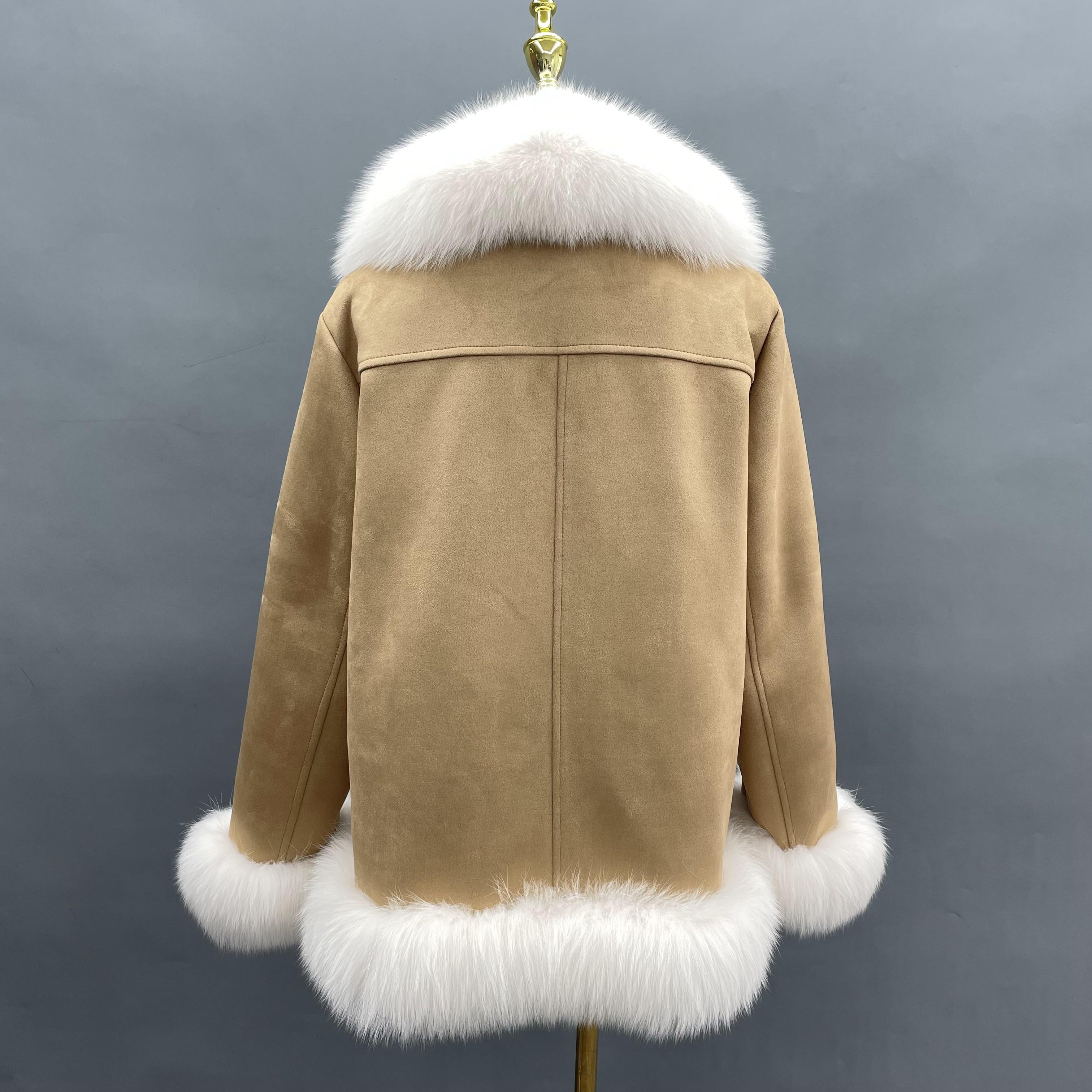 Suede Double Breasted Goose Down Women's Jacket with Suit Collar - Janefur