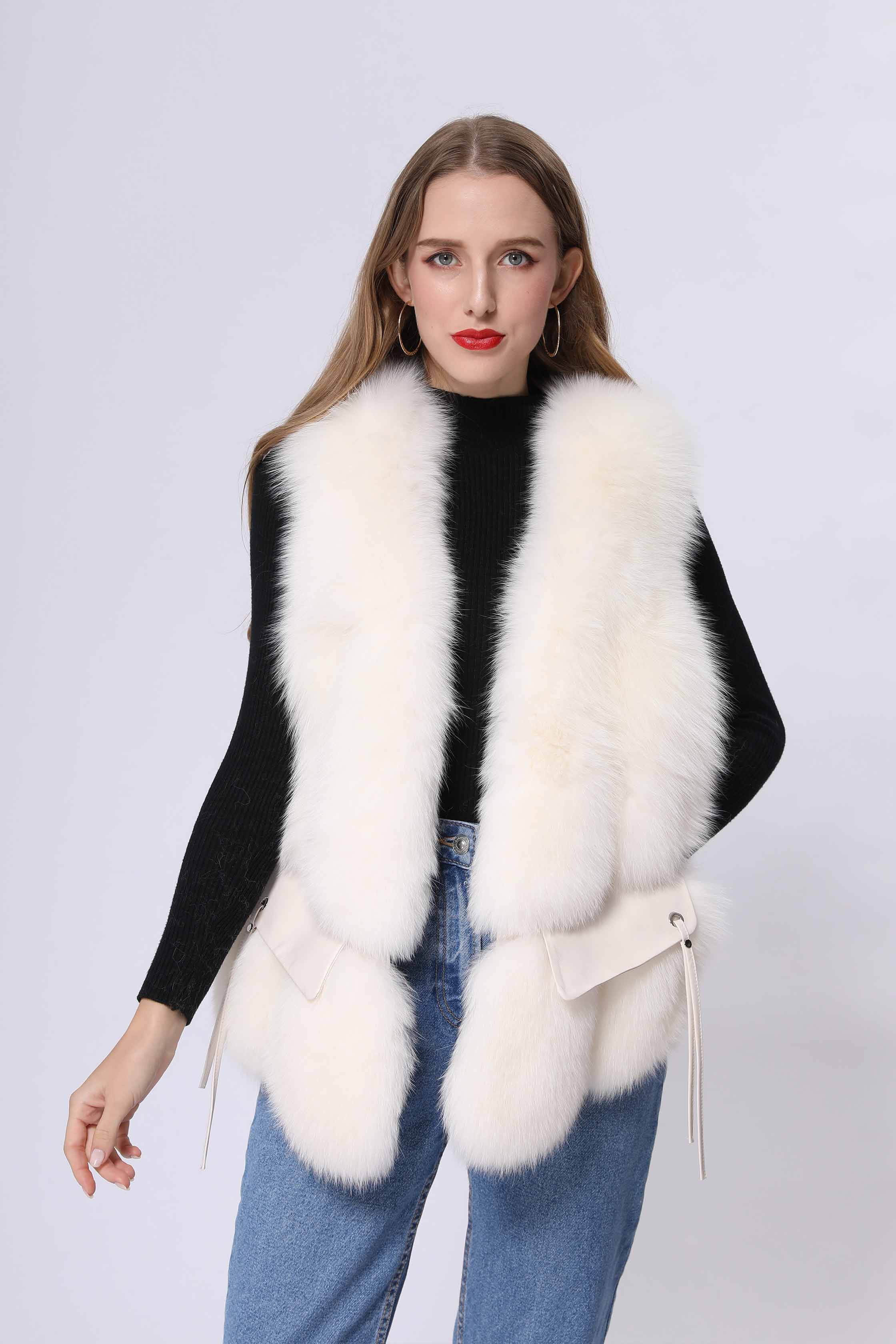Fashion Women's Short Style Big Pocket Fox Fur Vest - Janefur