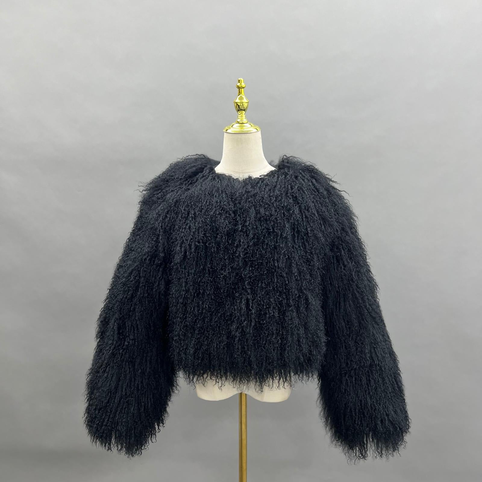 Women's New Mongolian Lamb Fur Round Collar Short Jacket Fur Coat - Janefur