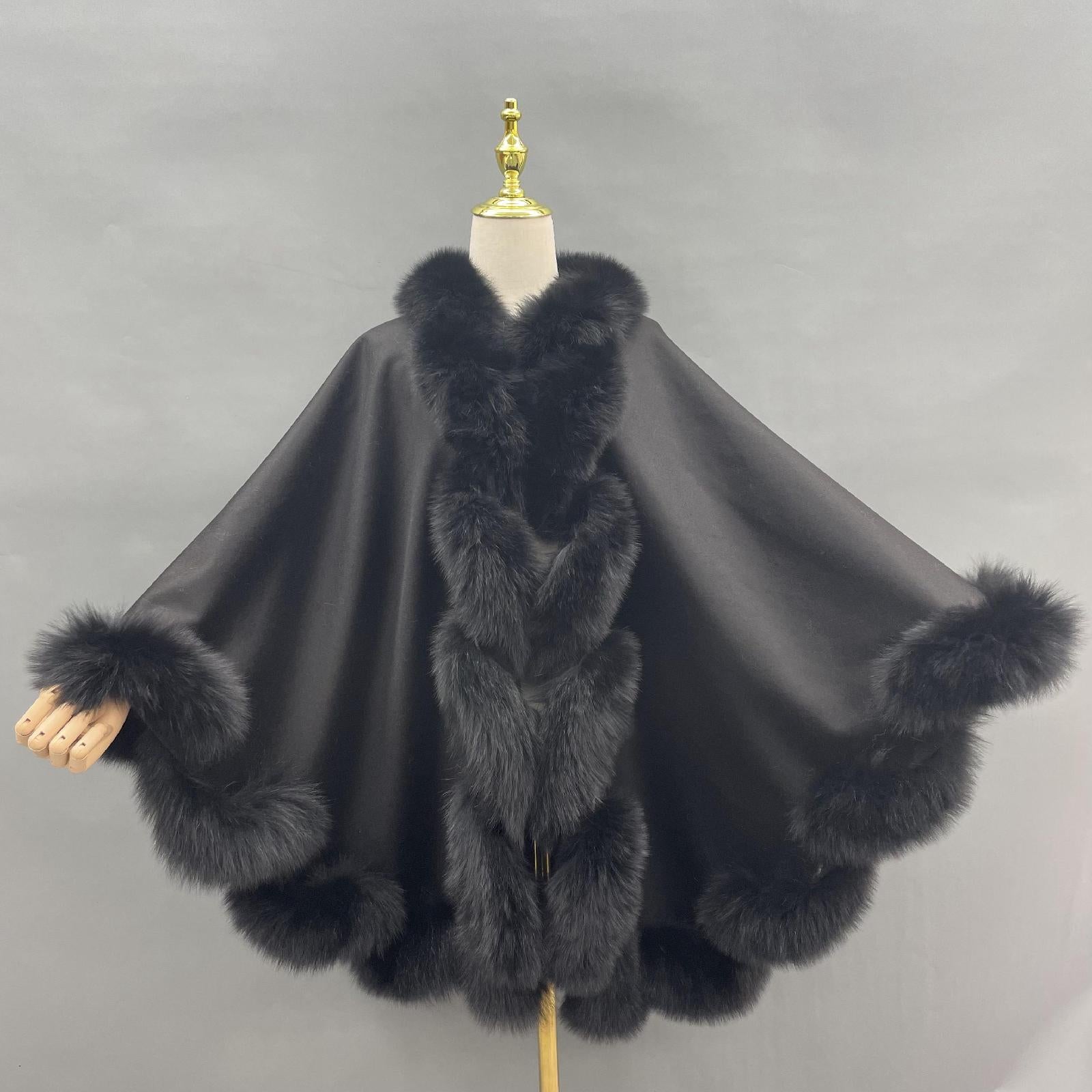 Full Wool Cashmere Cape with Real Fox Fur Fashionable Luxurious Soft Shawl for Women's Coat - Janefur
