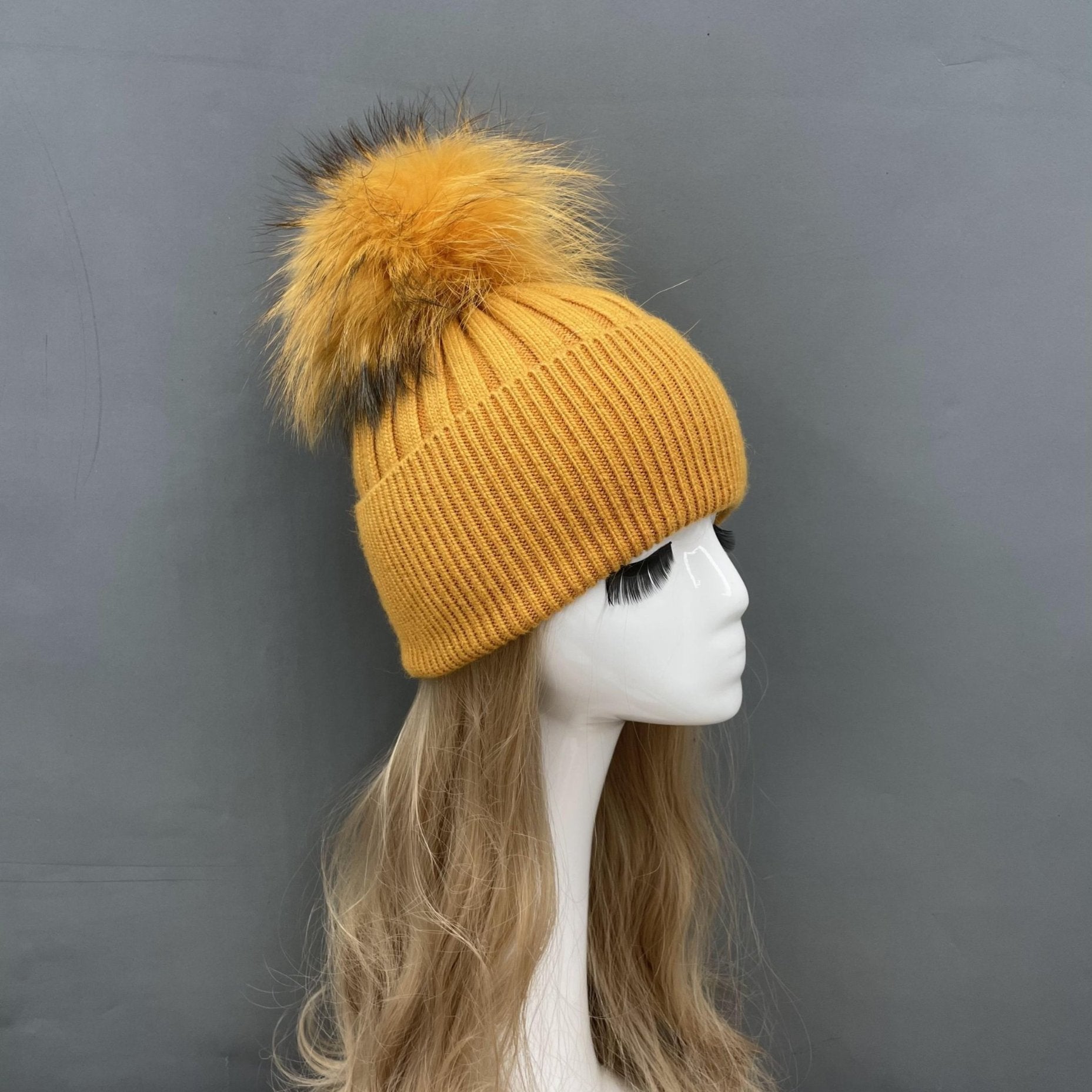 Winter Knitted Angora Beanie Hat With Removable Fur Pom Pom - Janefur