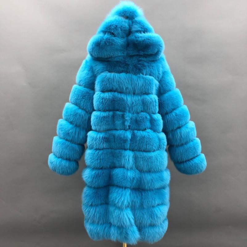 Long Blue Fox Hooded Fox Fur Coat - Janefur