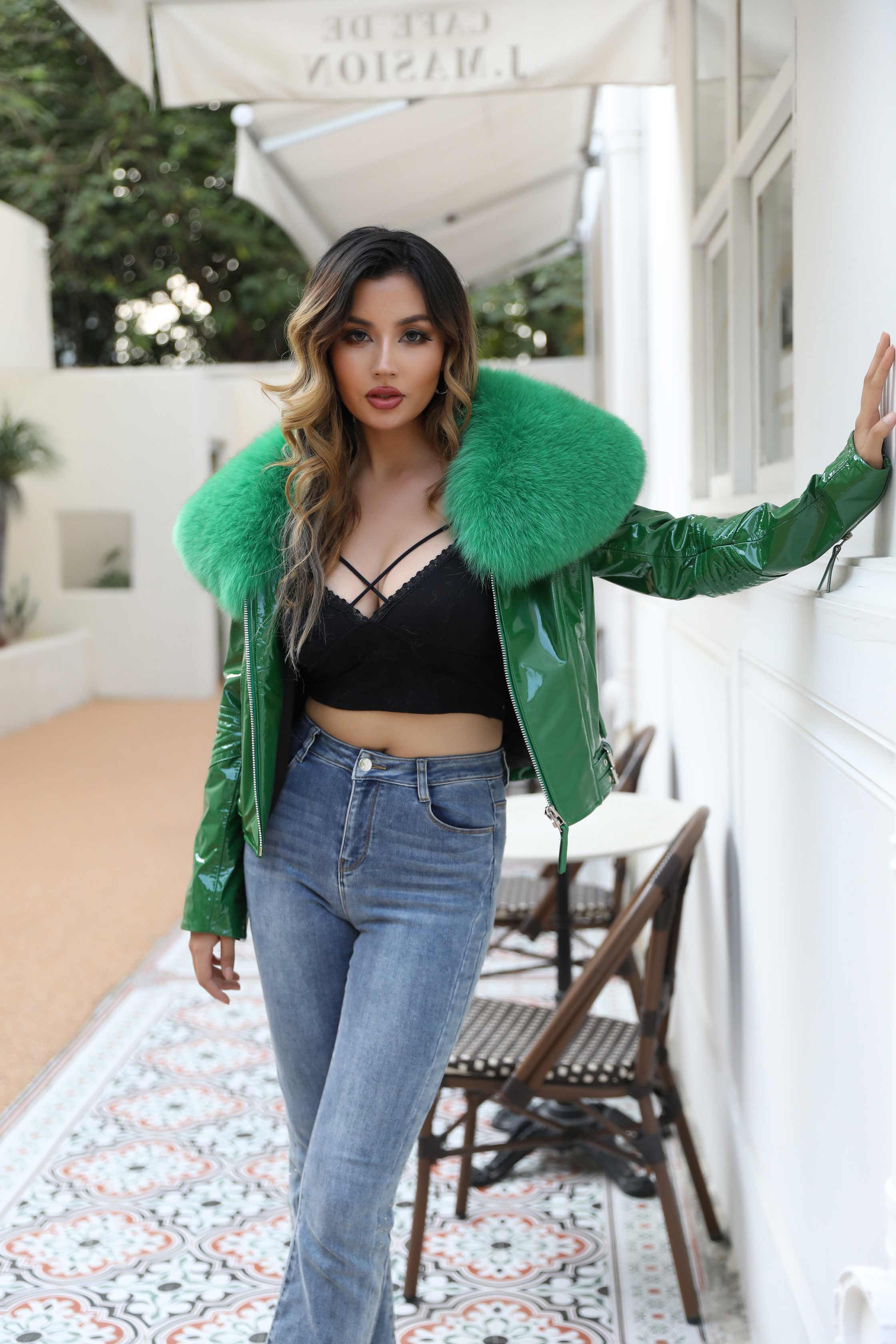 Women's Short Fox Fur Collar Bright Leather Coat - Janefur