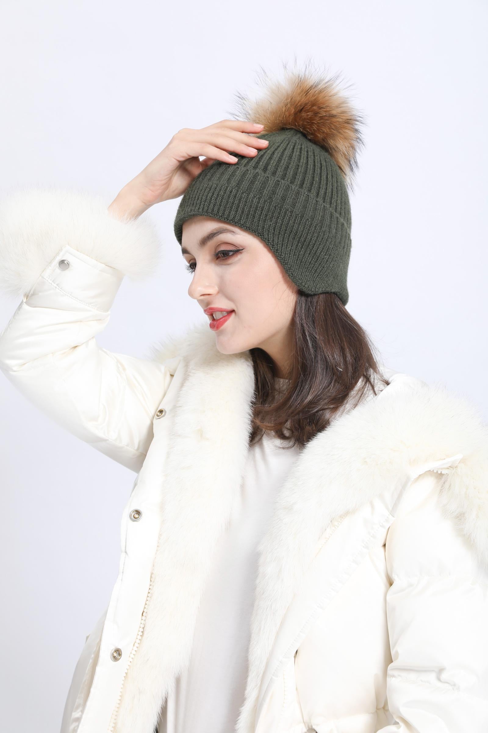 Warm Knitted Earmuff Hat Winter Women Fur Pom Pom Beanie Hat - Janefur