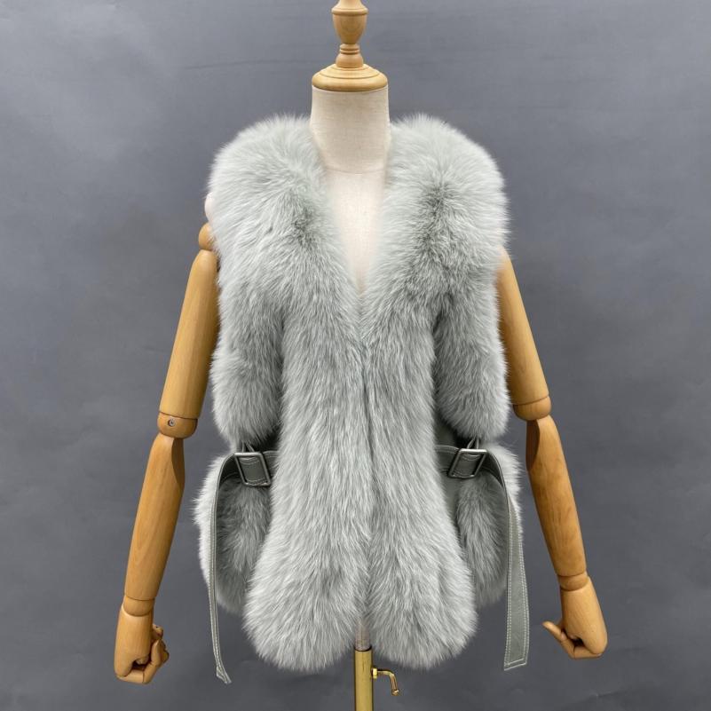 Ladies Fox Fur Vest Leather Buckle Tab - Janefur