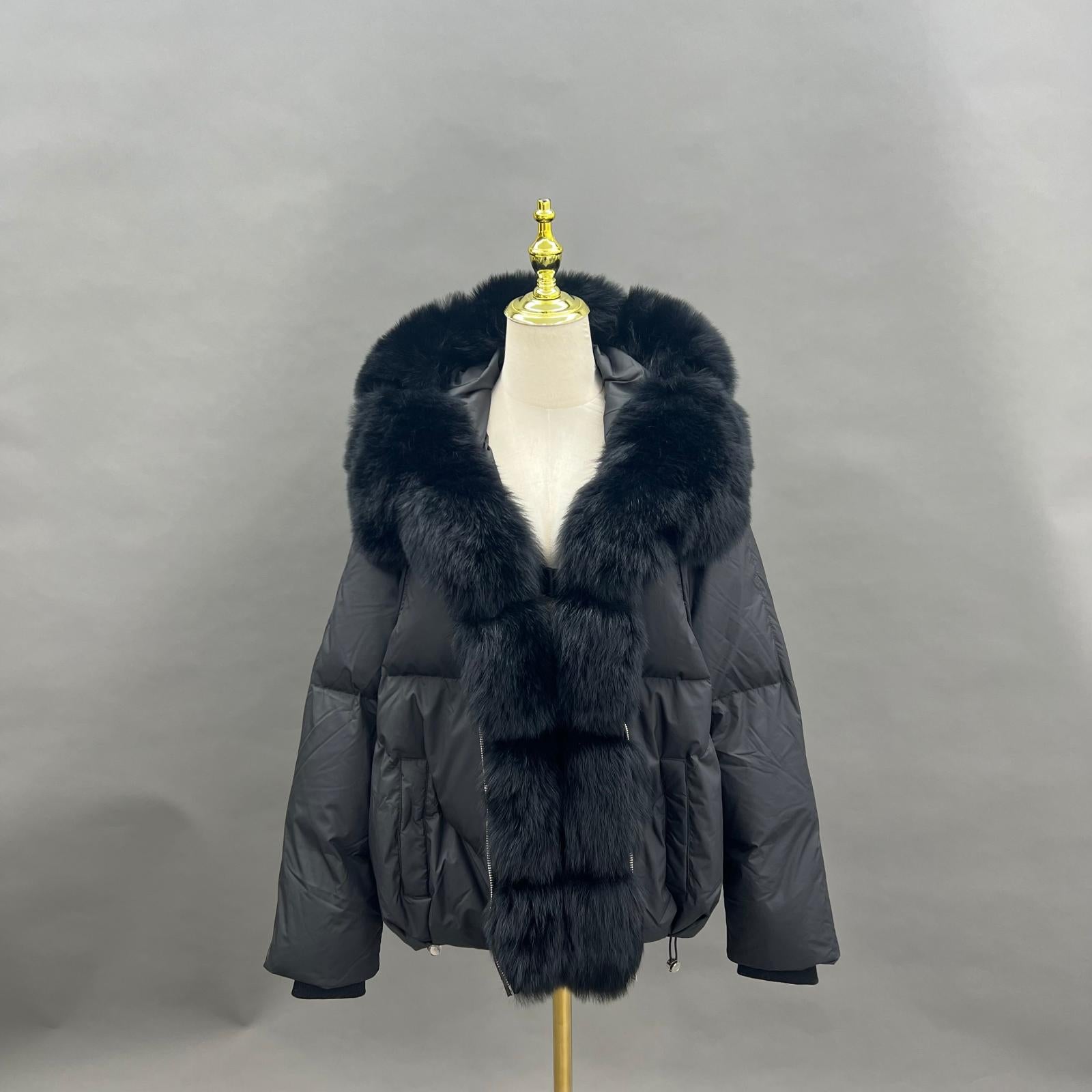 Goose Down-Lined Women's Segmented Fox Fur Placket Hooded Down Jacket - Janefur