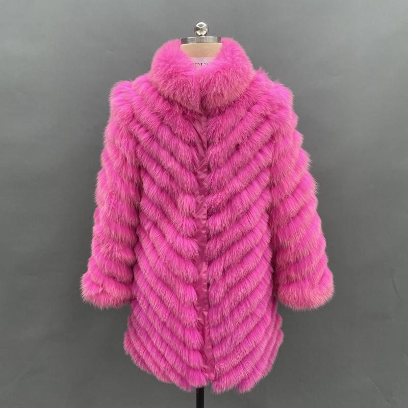 Reversible Long Jacket With Fox Fur And Diagonal Stripes - Janefur
