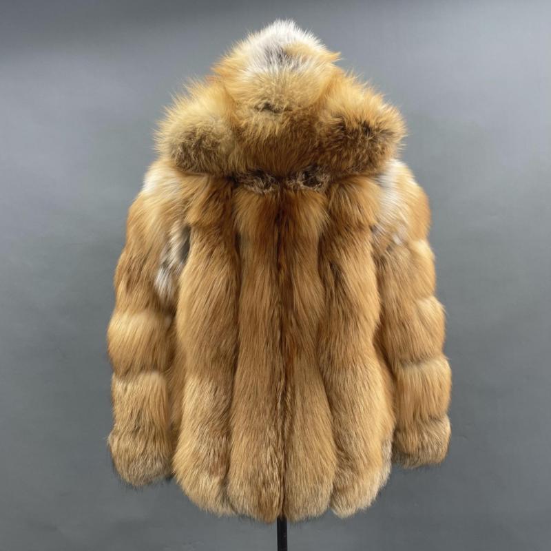 Men's Red Fox Fur Coat with Vertical Stripes and a Hood - Janefur
