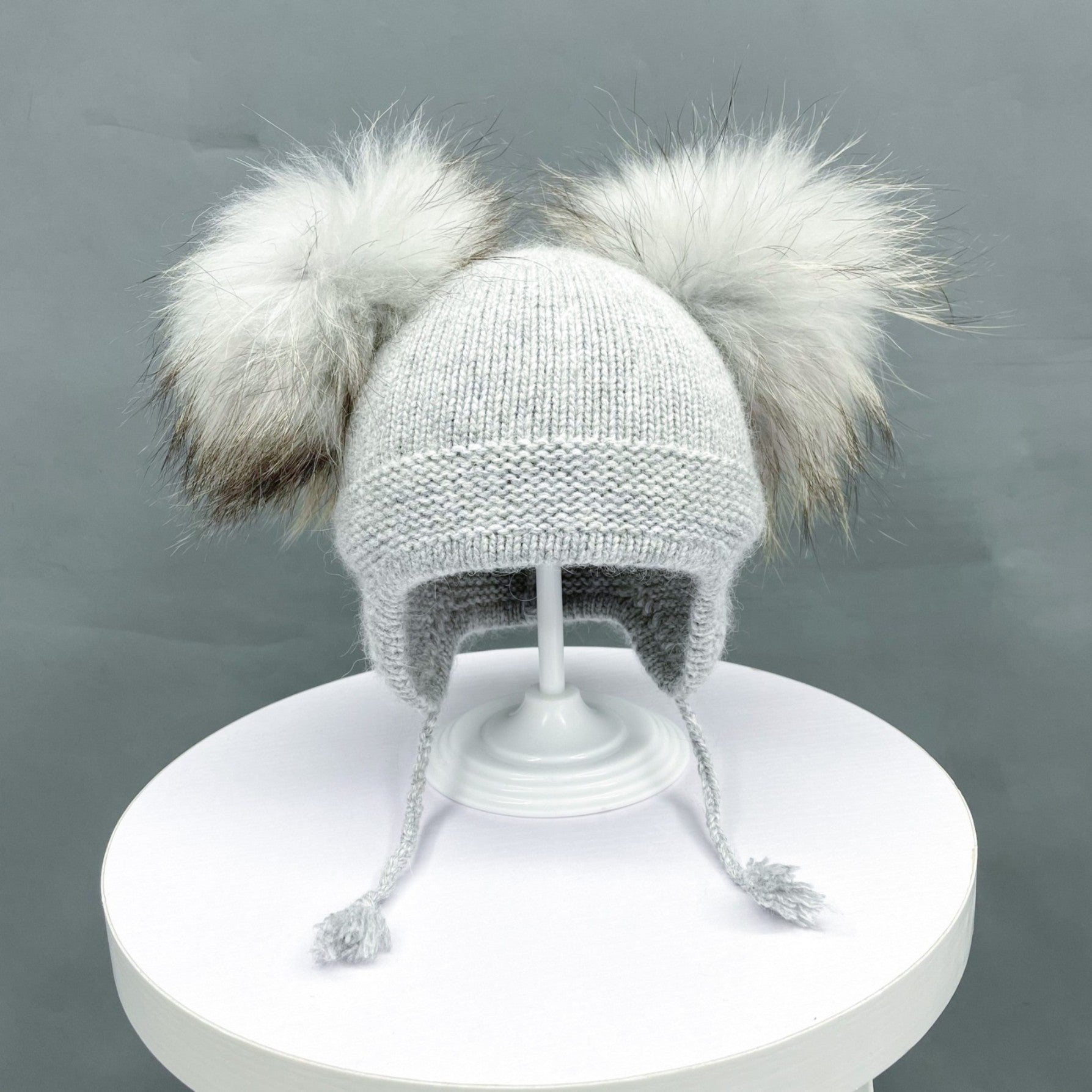 Kids Cute Pigtails Angora Double Raccoon Fur Pom Pom Hat - Janefur