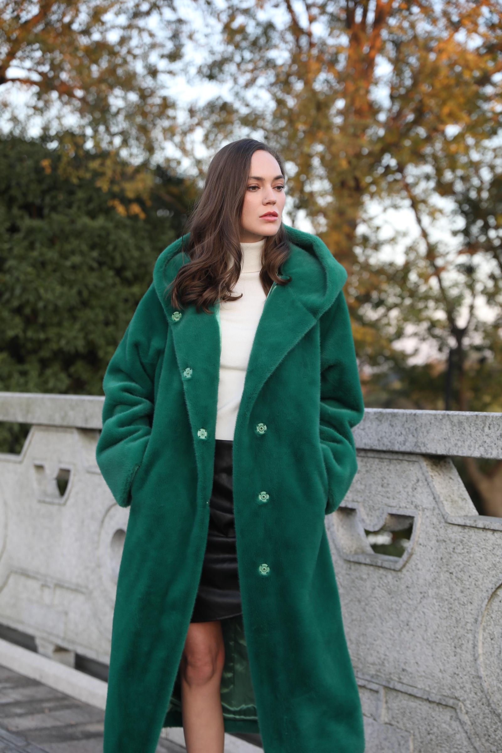 Women's Winter Fashion Windproof Hooded Pure Color Imitation Mink Eco Fur Coat - Janefur
