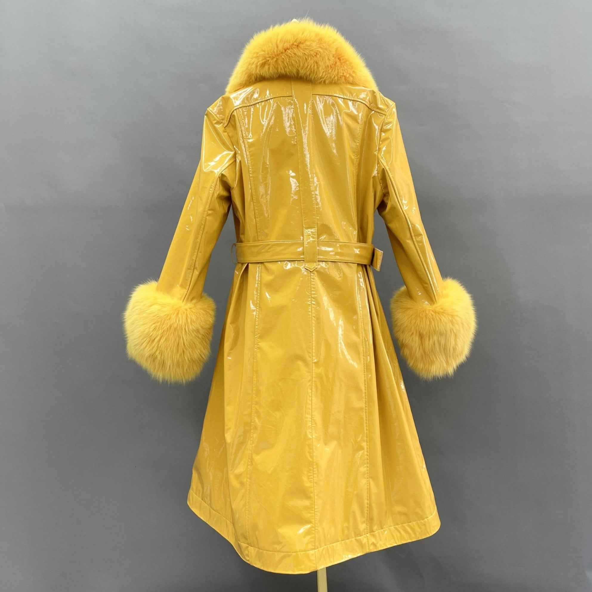 Women's Winter Large Flip Lapel Collar Fur Terry Long Shiny Leather Jacket - Janefur