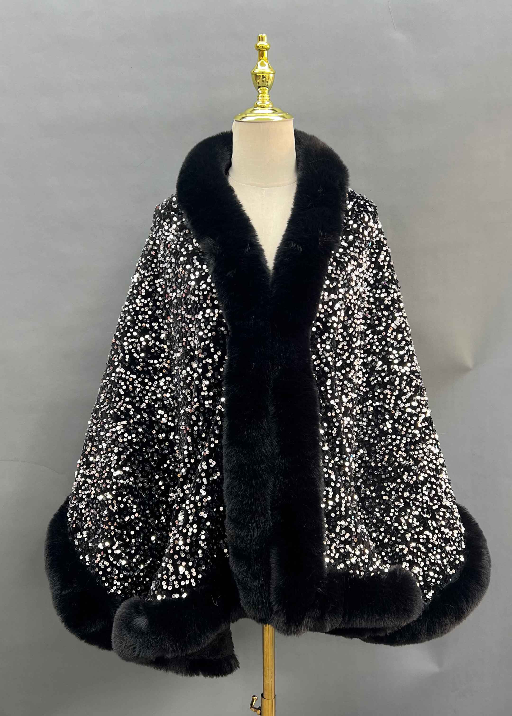 Janefur Fashionable Warm Faux Fur Sequined Cape Shawl - Janefur