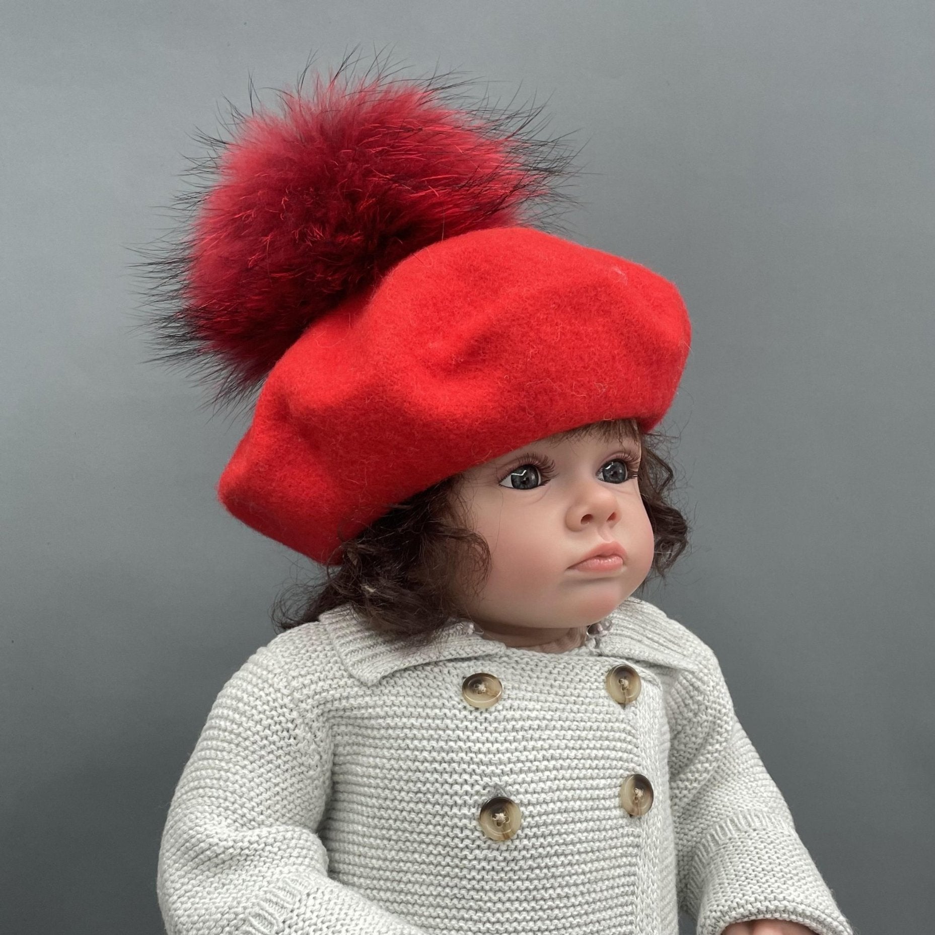 New Children's Autumn and Winter Wool Beret with Fur Pom Pom - Janefur