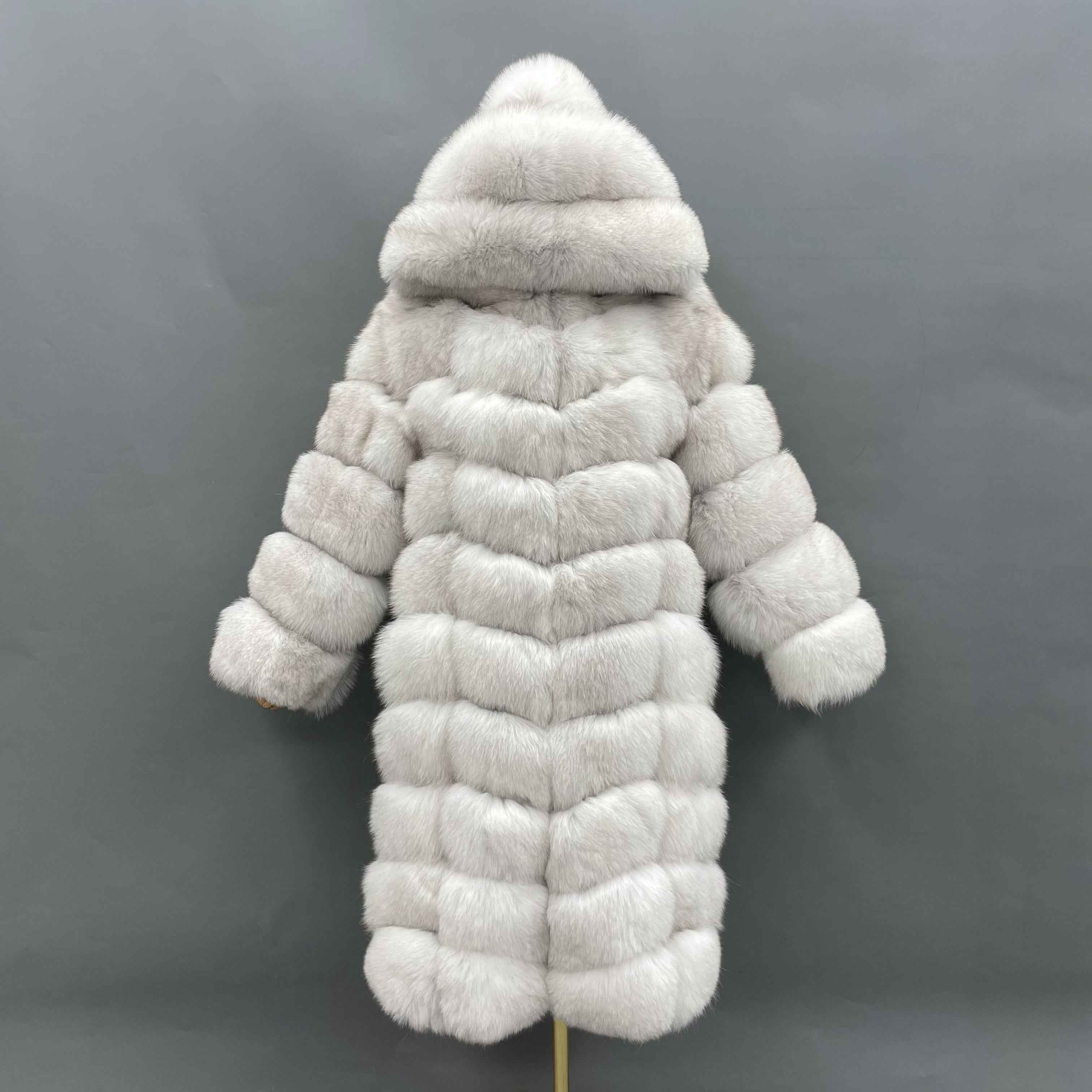 Women's Luxury Fox Fur Maxi Coat - 100cm Length Hooded Layered Design Winter Warm Fashion Outerwear White