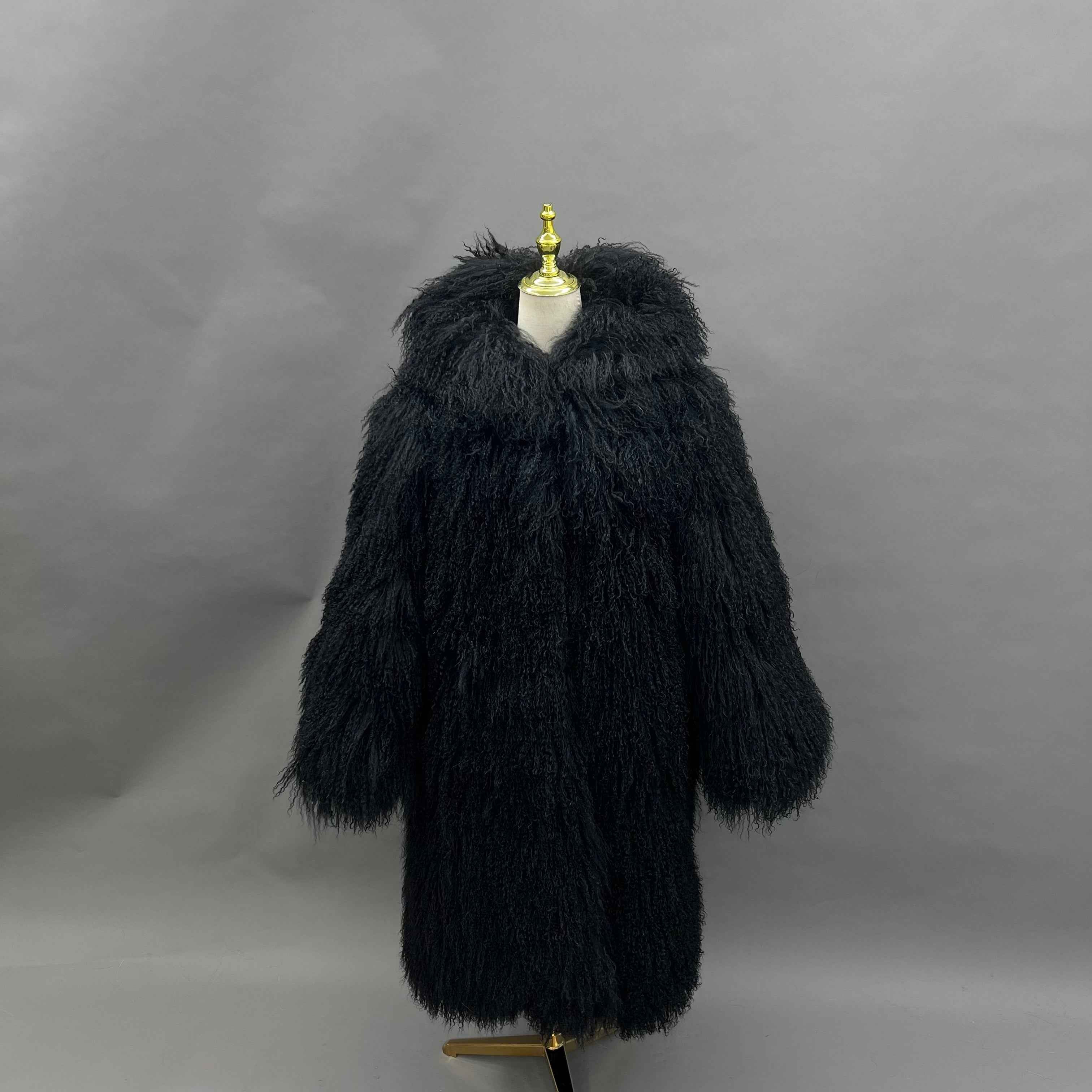 Women's Hooded Black Mongolian Lamb Fur Coat – Mid-Length, Curly Hair, Stylish Winter Outerwear for Women