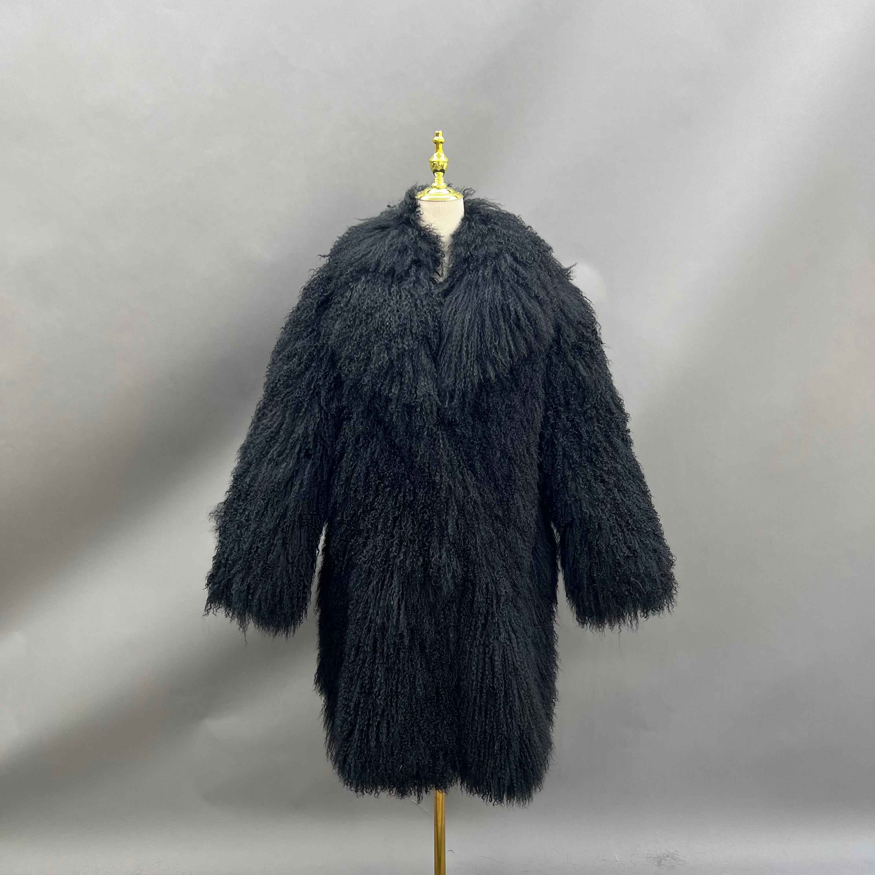 Men's Long Emerald Green Mongolian Lamb Fur Coat – Full-Length Curly Hair, Open Front, Streetwear Style Winter Outerwear for Men 6#Black