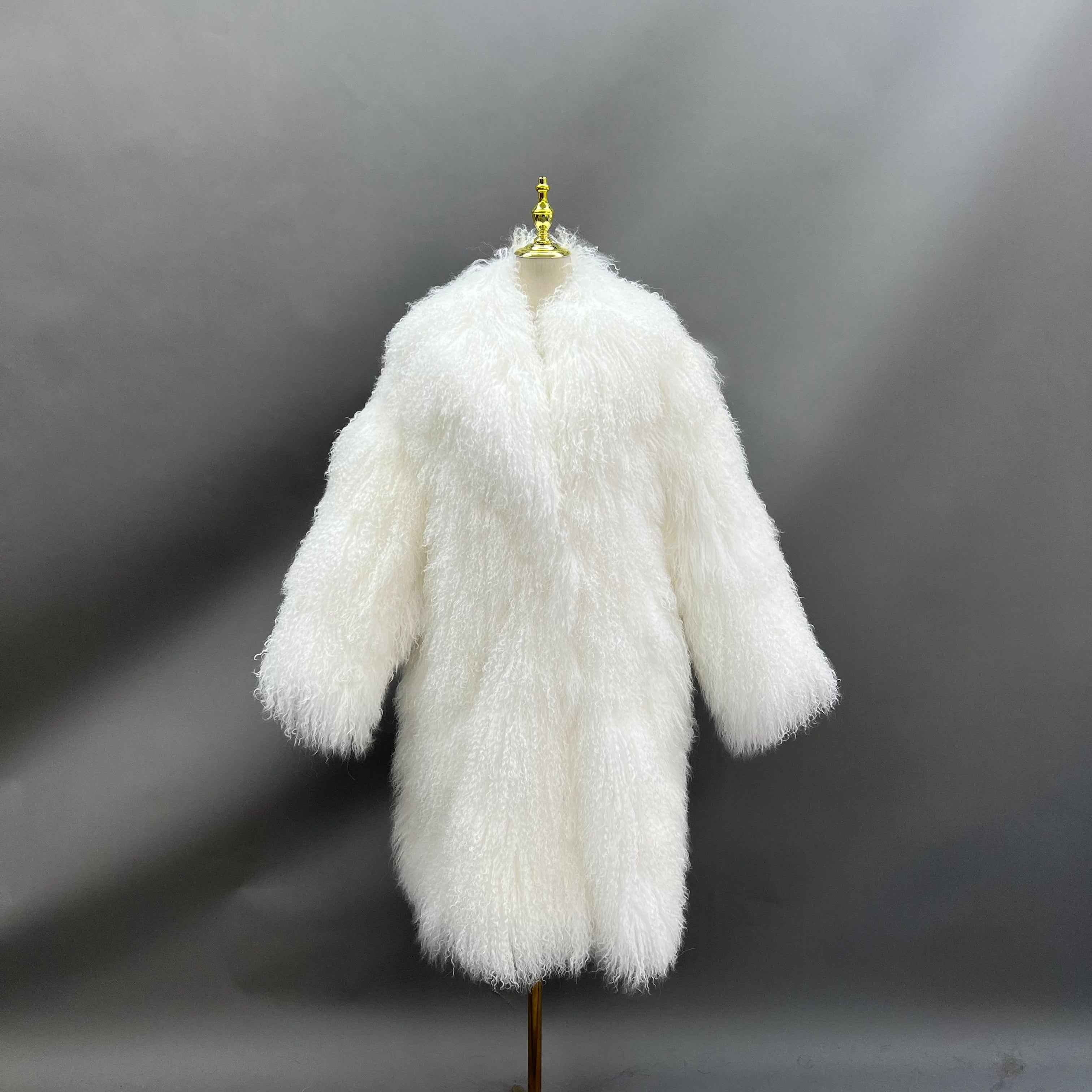 Men's Long Emerald Green Mongolian Lamb Fur Coat – Full-Length Curly Hair, Open Front, Streetwear Style Winter Outerwear for Men 5#White