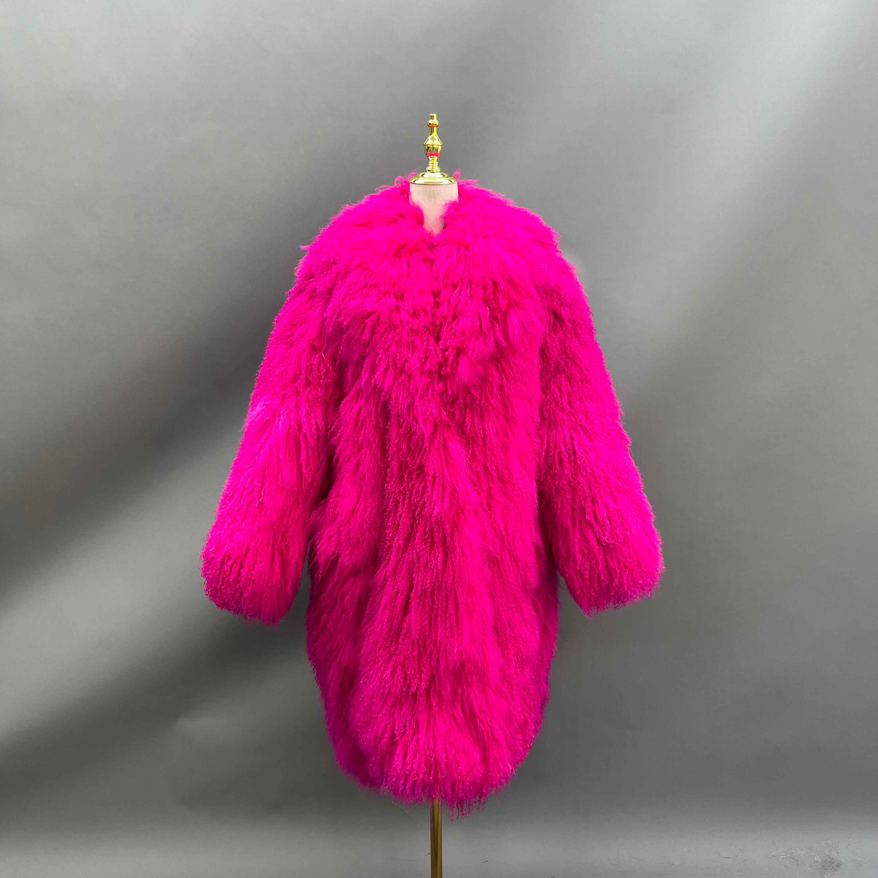 Men's Long Emerald Green Mongolian Lamb Fur Coat – Full-Length Curly Hair, Open Front, Streetwear Style Winter Outerwear for Men 4#Hot Pink