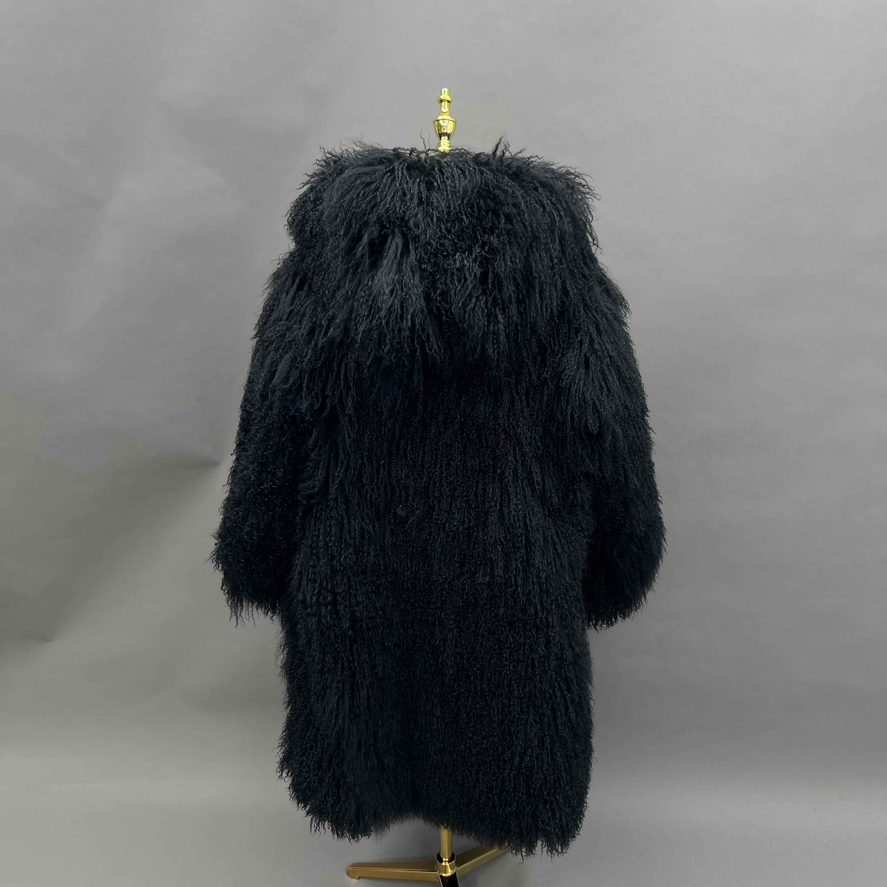 Women's Hooded Black Mongolian Lamb Fur Coat – Mid-Length, Curly Hair, Stylish Winter Outerwear for Women