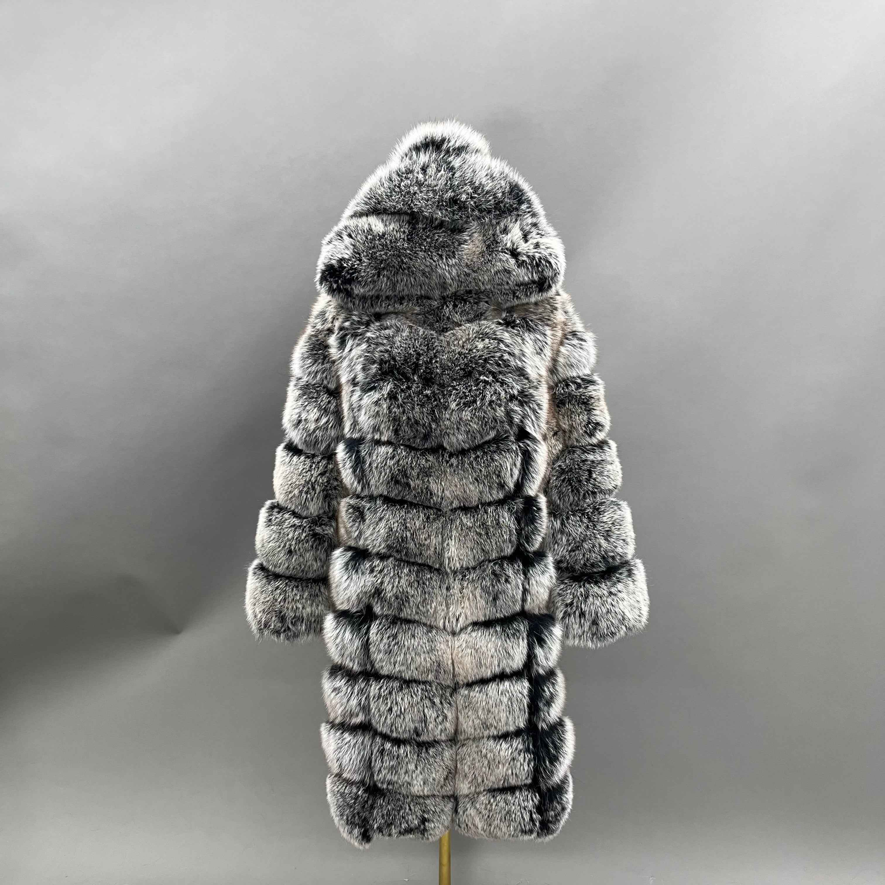 Women's Luxury Fox Fur Maxi Coat - 100cm Length Hooded Layered Design Winter Warm Fashion Outerwear