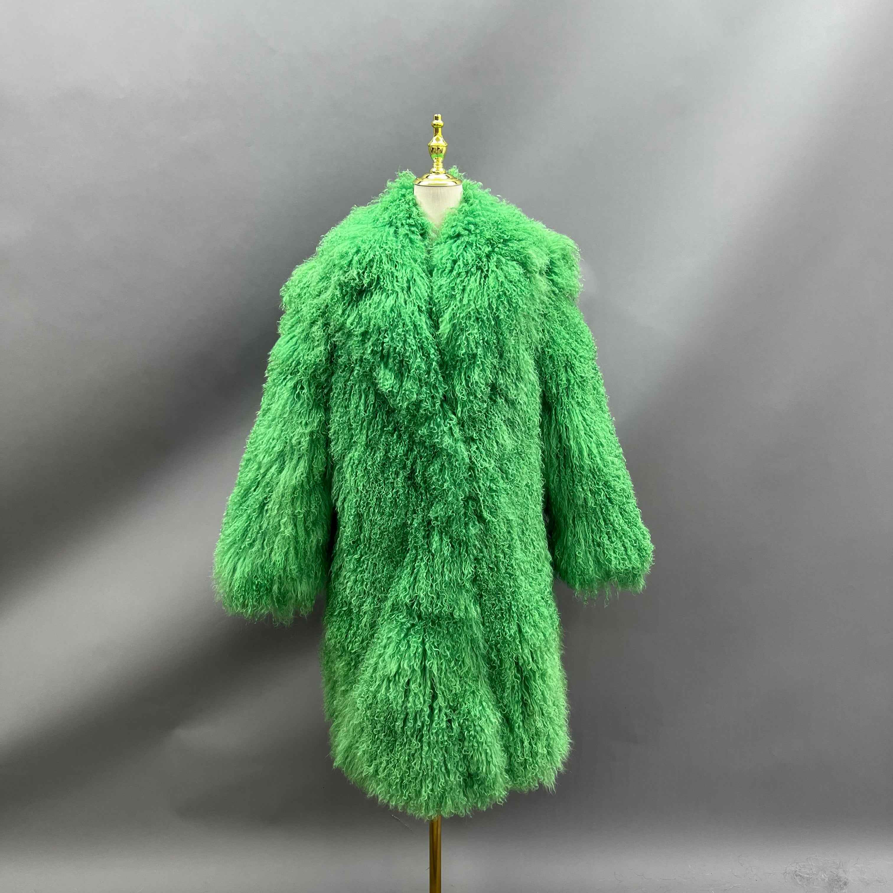 Men's Long Emerald Green Mongolian Lamb Fur Coat – Full-Length Curly Hair, Open Front, Streetwear Style Winter Outerwear for Men 3#Green
