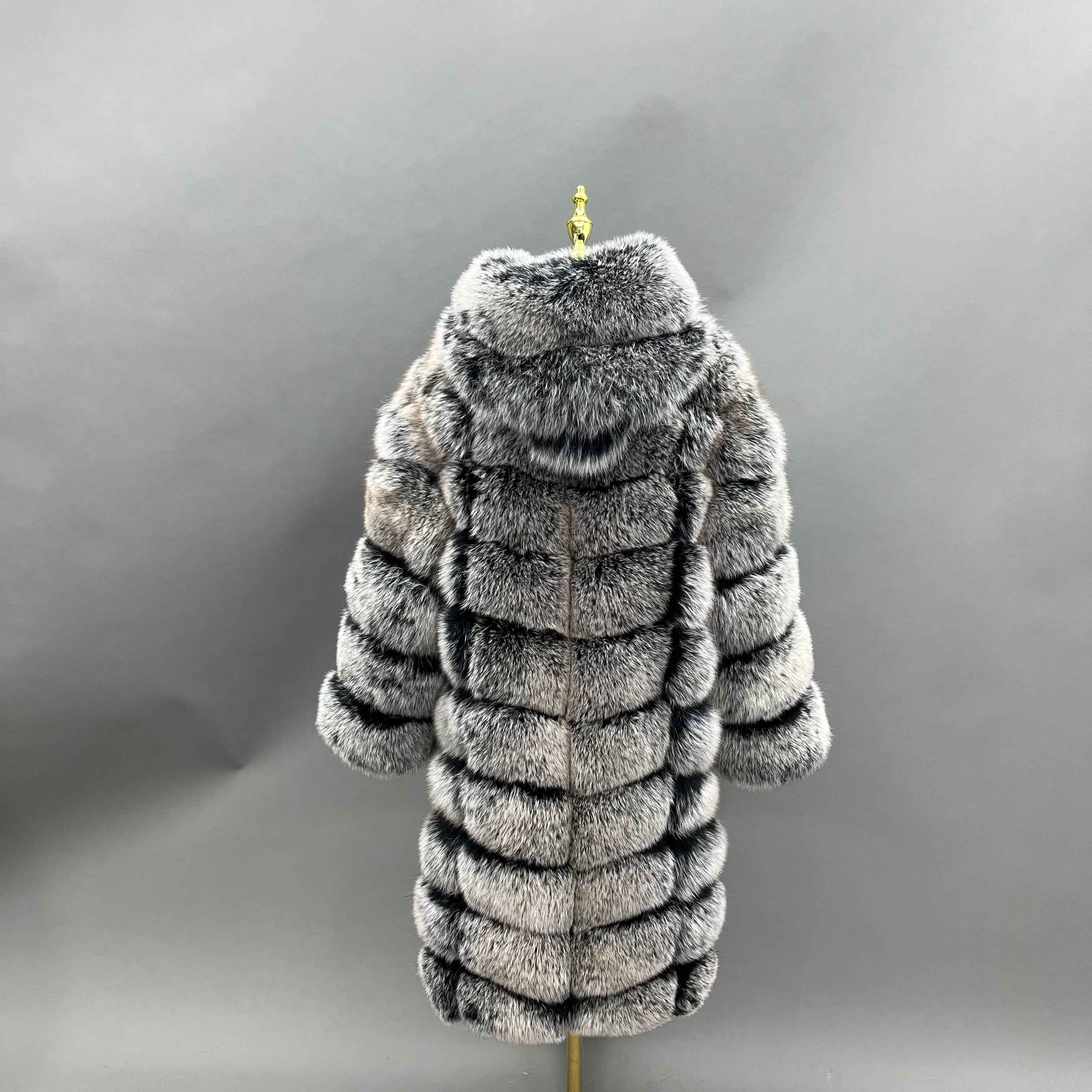 Women's Luxury Fox Fur Maxi Coat - 100cm Length Hooded Layered Design Winter Warm Fashion Outerwear