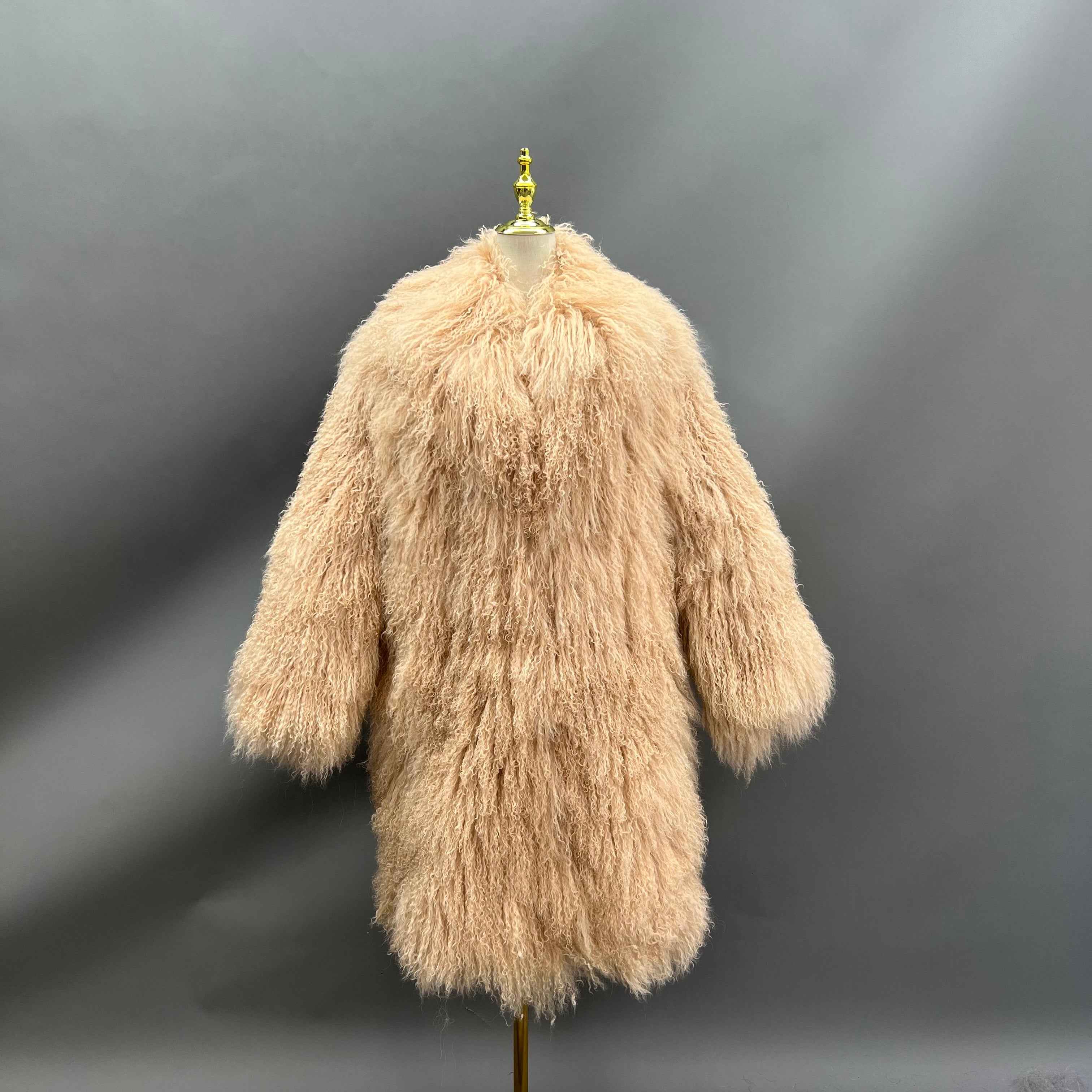 Men's Long Emerald Green Mongolian Lamb Fur Coat – Full-Length Curly Hair, Open Front, Streetwear Style Winter Outerwear for Men 2#Camel