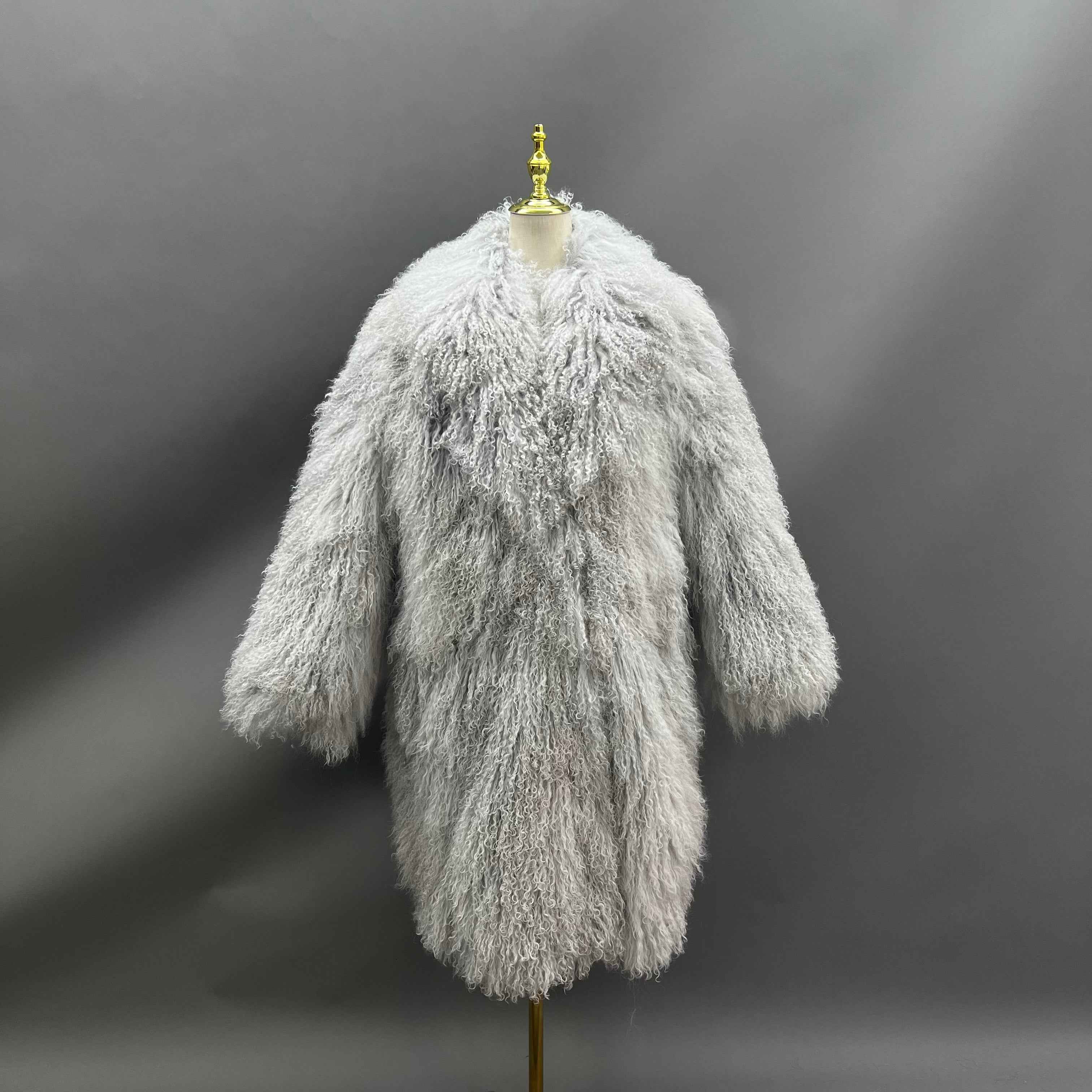 Men's Long Emerald Green Mongolian Lamb Fur Coat – Full-Length Curly Hair, Open Front, Streetwear Style Winter Outerwear for Men 1#Grey