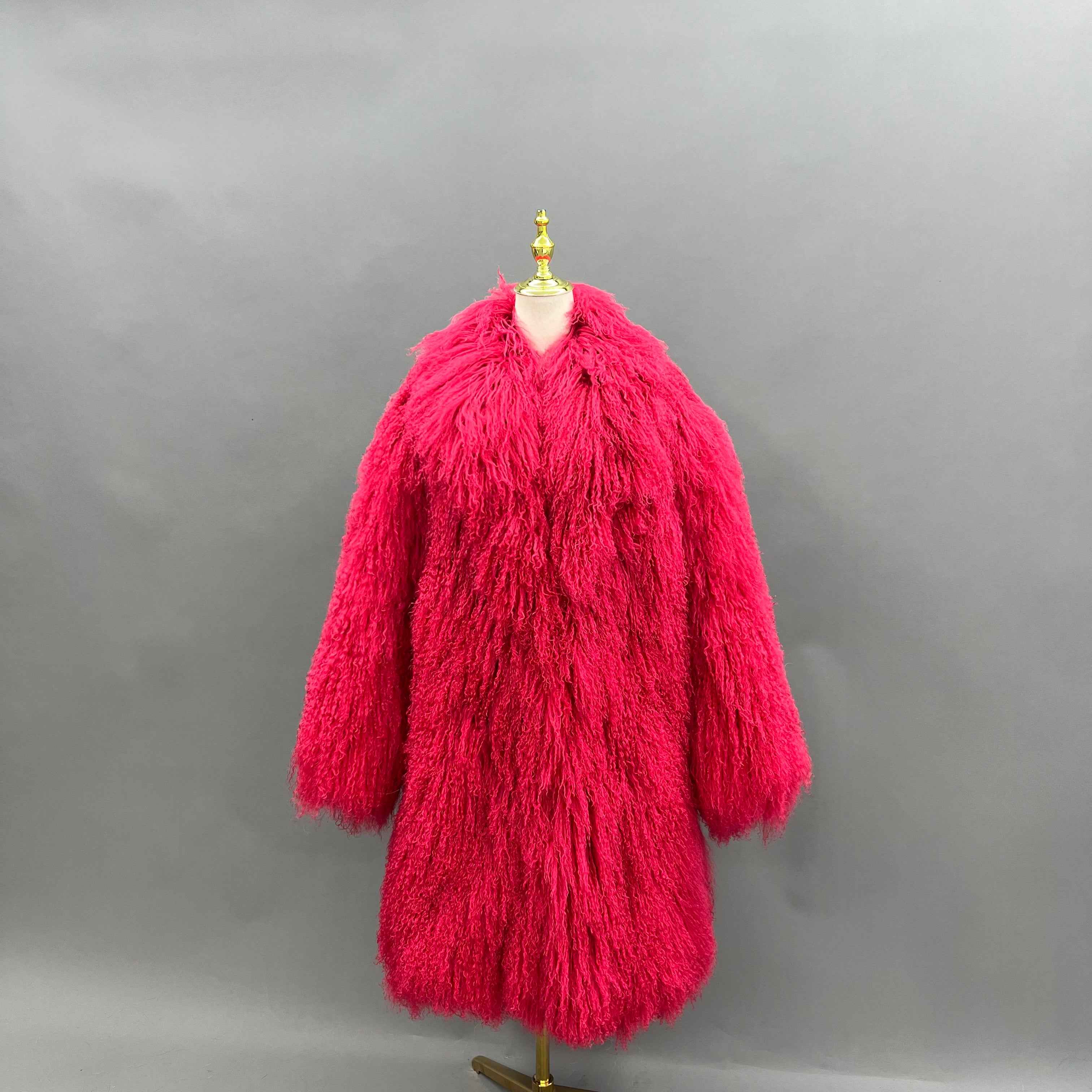 Men's Long Emerald Green Mongolian Lamb Fur Coat – Full-Length Curly Hair, Open Front, Streetwear Style Winter Outerwear for Men 12#Red