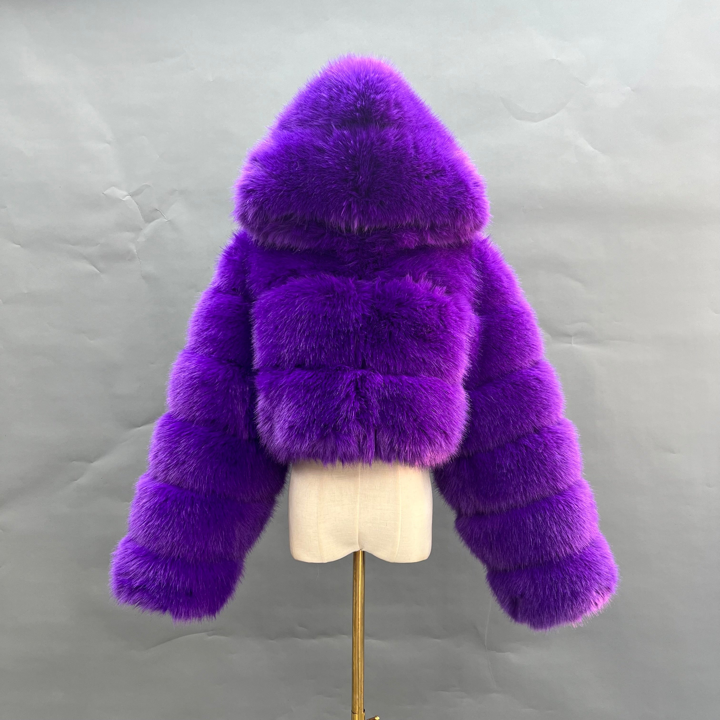 Three - Panel Faux Fur Cropped Hooded Coat