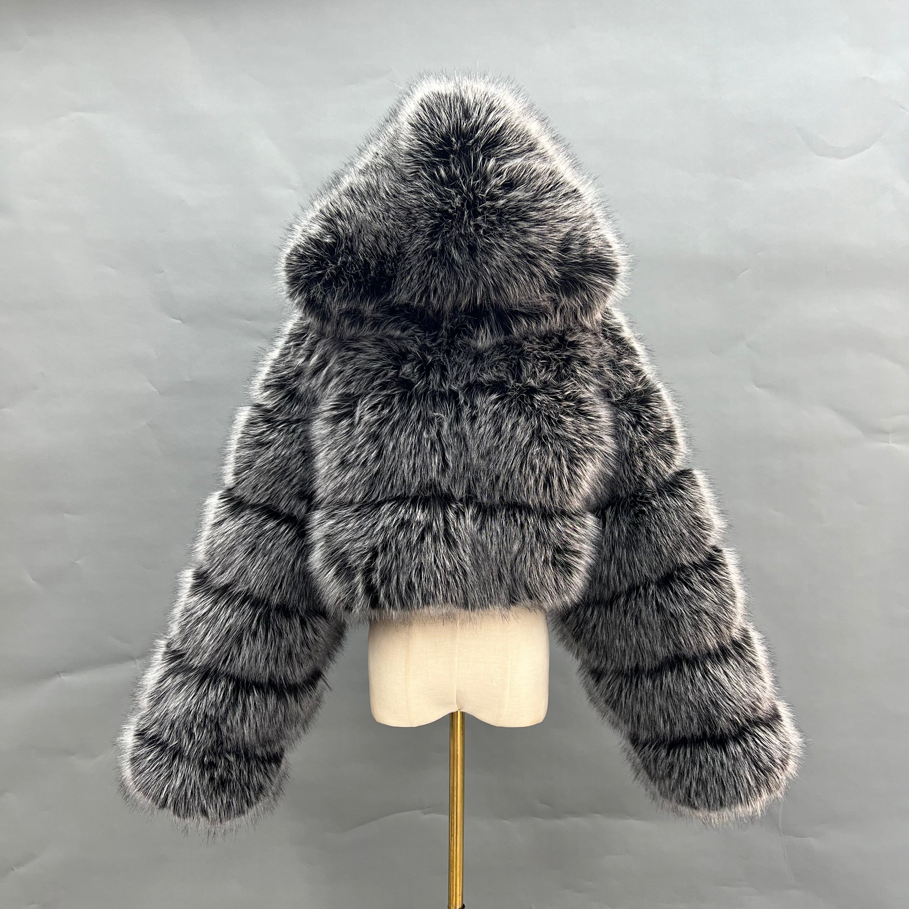 Three - Panel Faux Fur Cropped Hooded Coat
