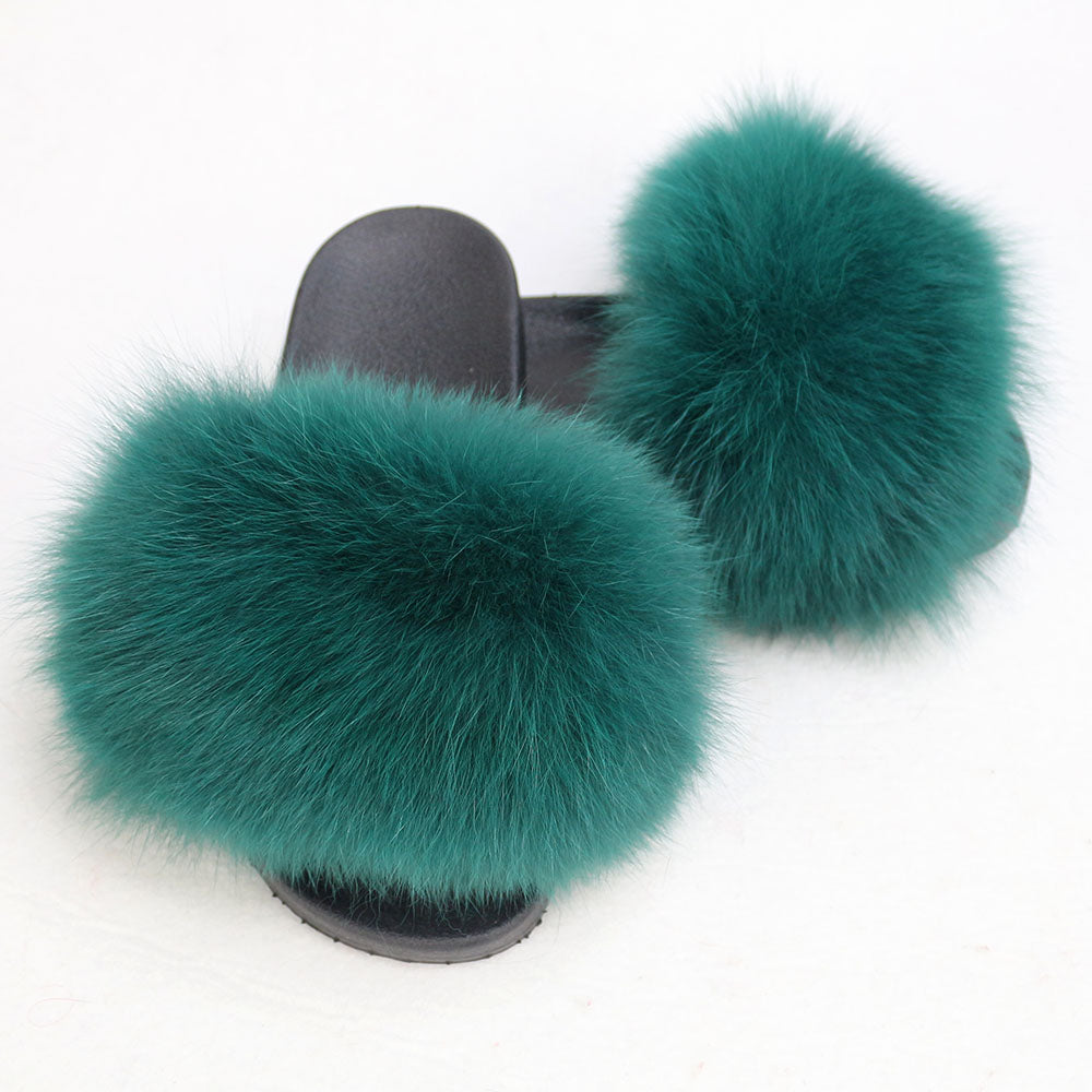 Janefur Wholesale Women's Fashion Slippers With Real Fox Fur Trim (Black, Gold, Silver Soles)