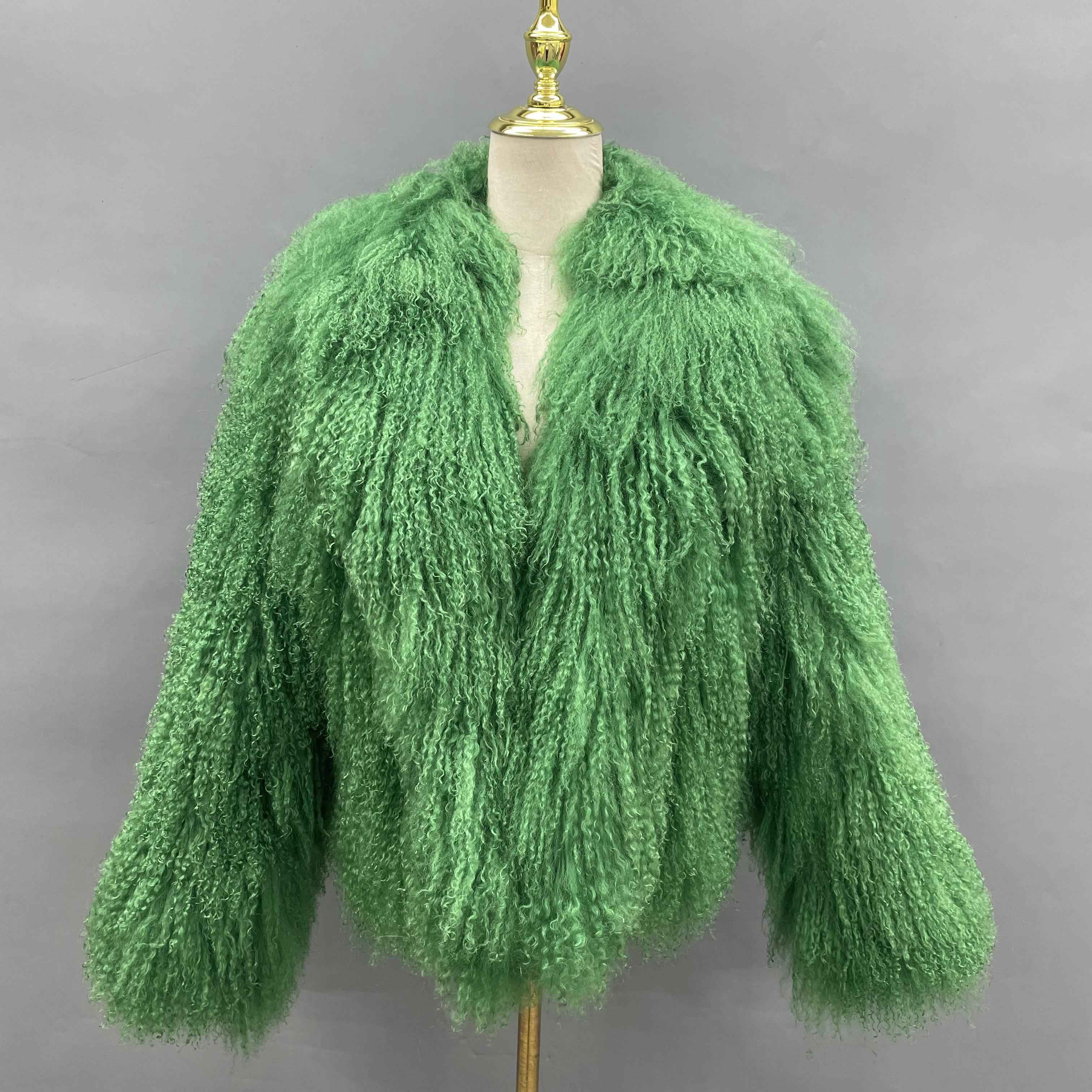 Women's Short Emerald Green Mongolian Lamb Fur Jacket – Notch Lapel, Curly Hair, Stylish Winter Outerwear for Women 4#Green