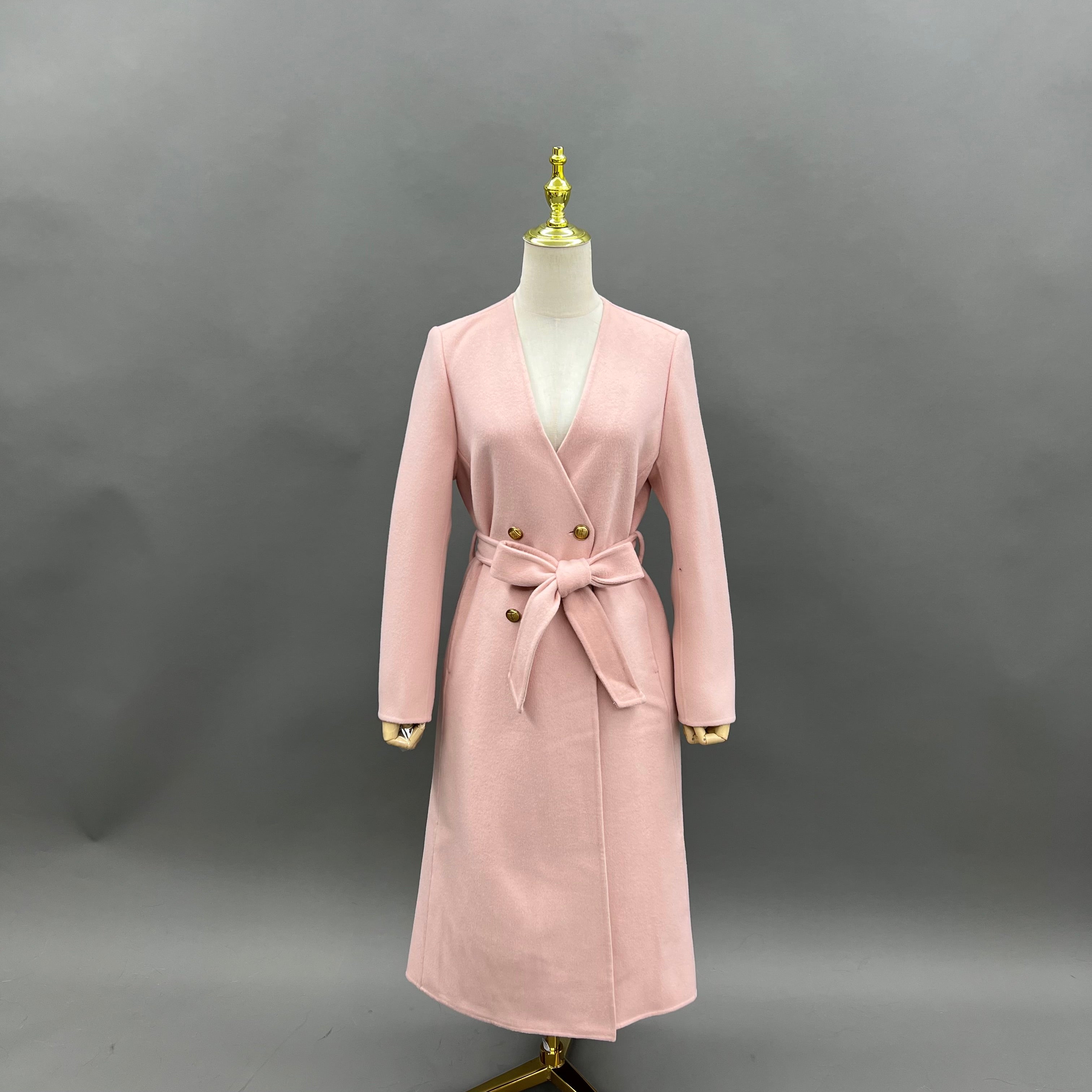 Women’s Pink Double-Faced Wool Coat with Fringed Scarf Collar – Double-Breasted Long Winter Jacket for Elegant Fashion