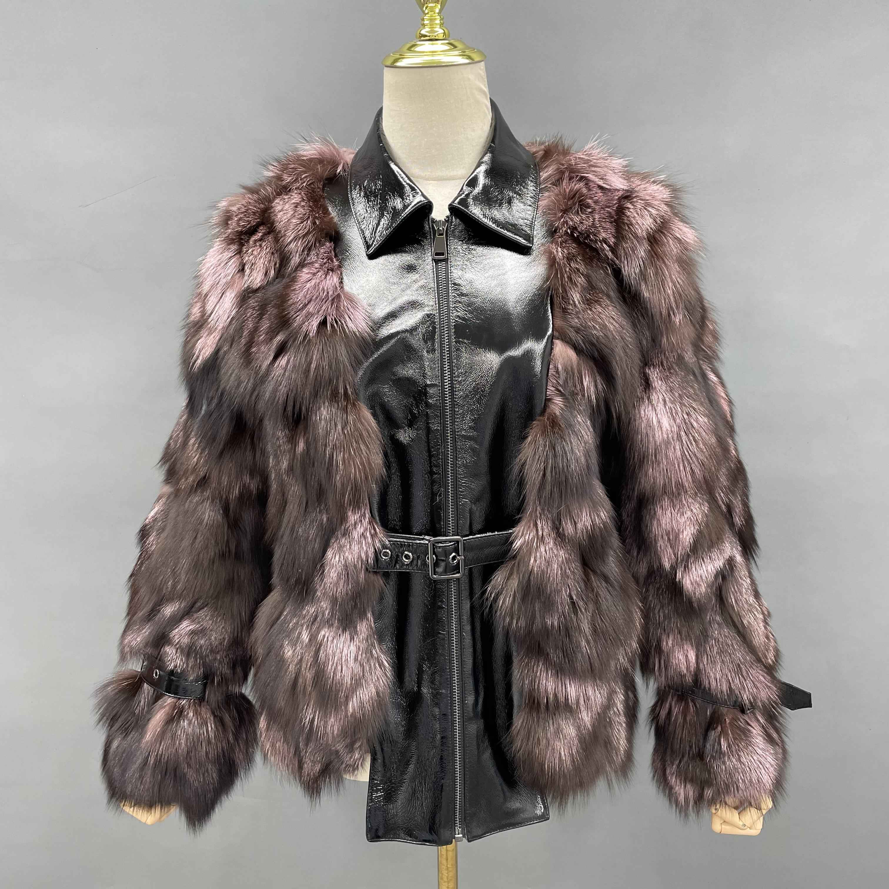 Women's Silver Fox Fur Jacket with Shiny Patent Leather Front – Luxury Faux Leather & Fur Coat, Stylish Winter Outerwear for Fashion Statement Rose Gold F-CHEST 104