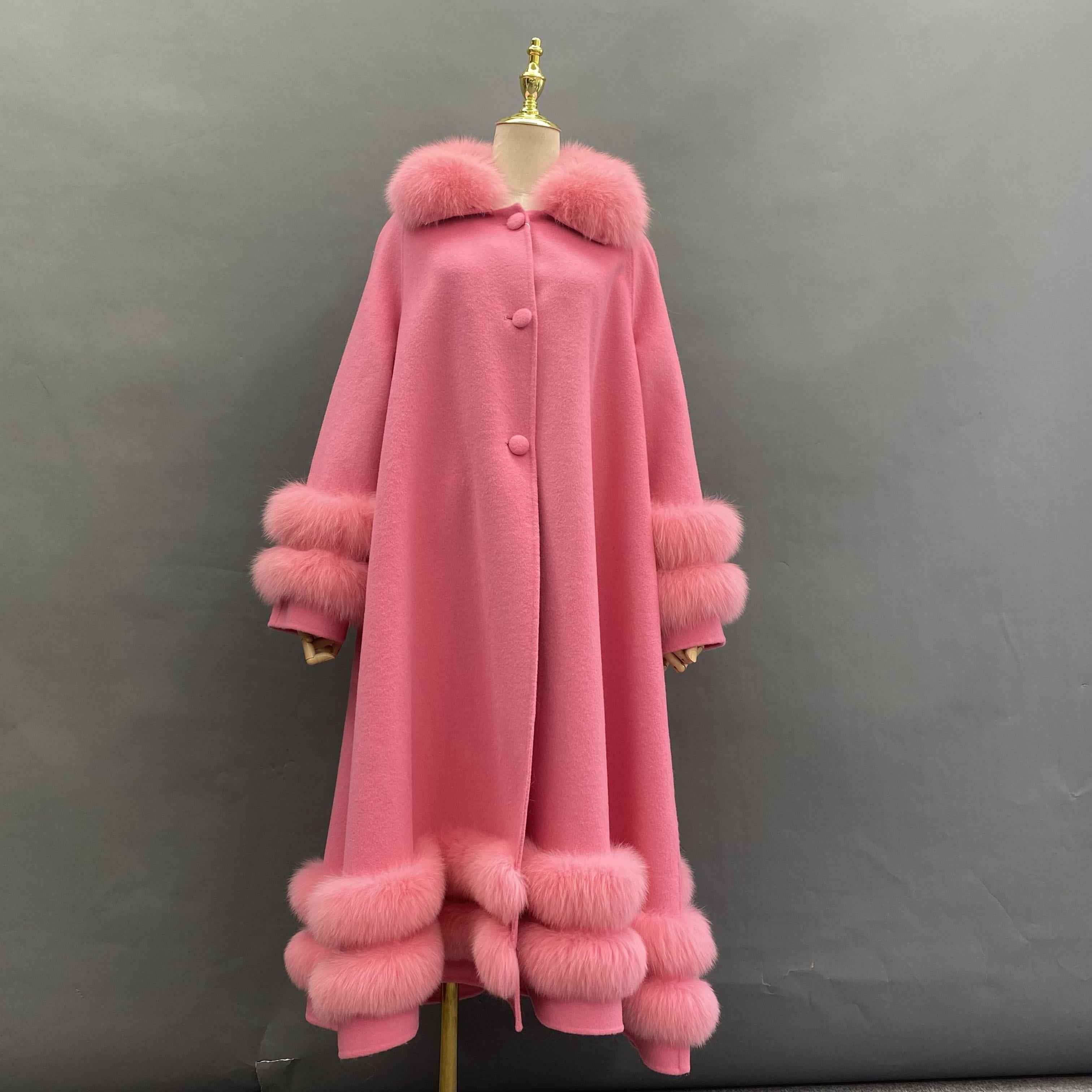 Double - Faced Wool Coat with Double - Layer Fox Fur Trim on Cuffs, Hem & Collar - Luxury Warm Fashion Winter Outerwear