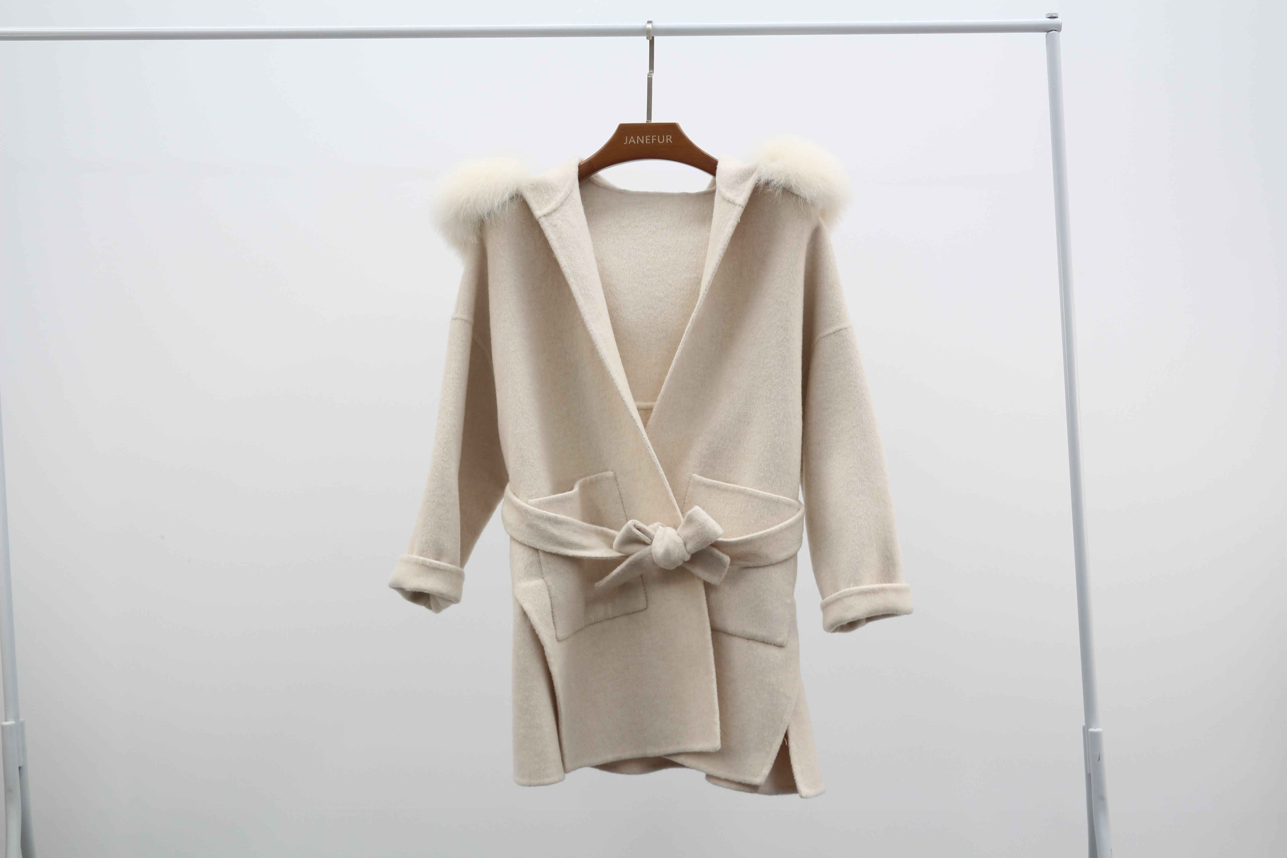 Double - Faced Wool Coat with Fox Fur Hood and Tie Waist