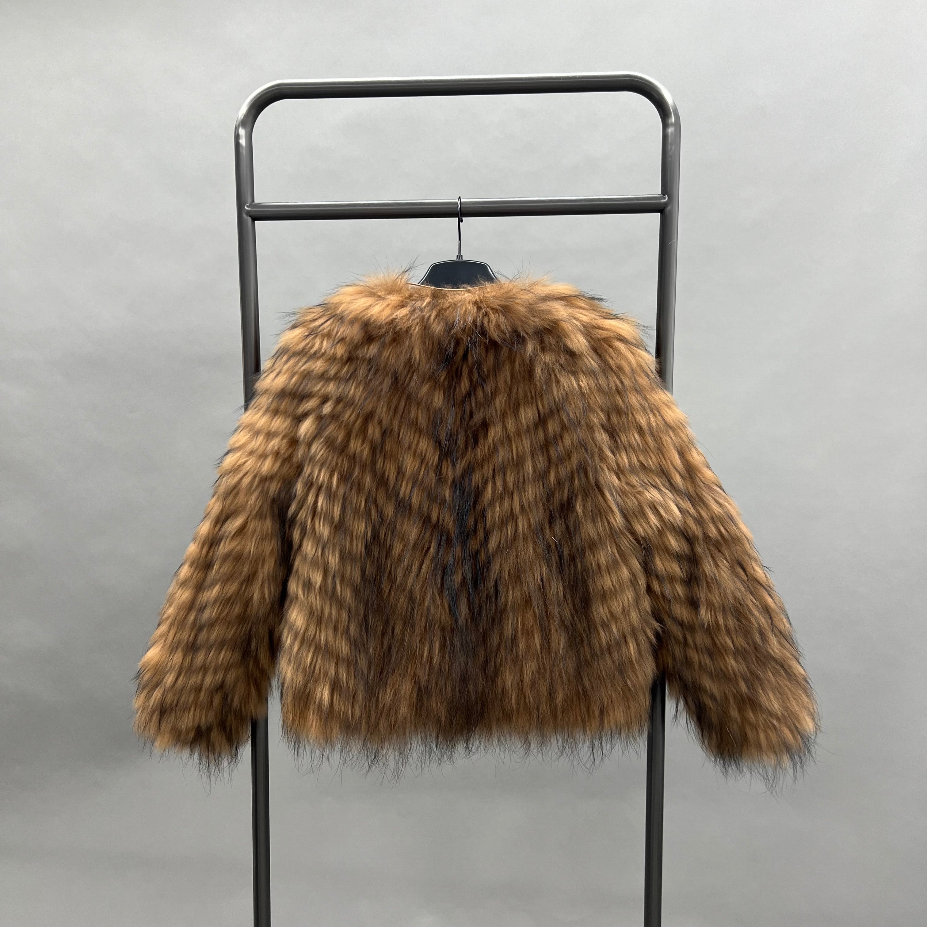Real Raccoon Fur Coat for Women – Short Length, Carved Stripe Pattern, Warm Winter Jacket